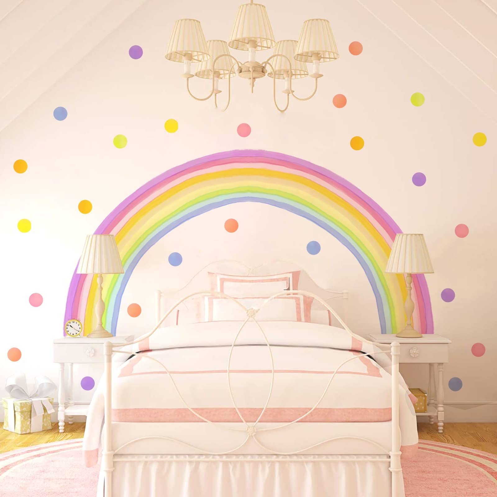 Calcomanía de pared grande de arco iris, diseño de lunares, color pastel, arcoíris, diseño de lunares, para pared, para cuarto de niños, habitación de las niñas