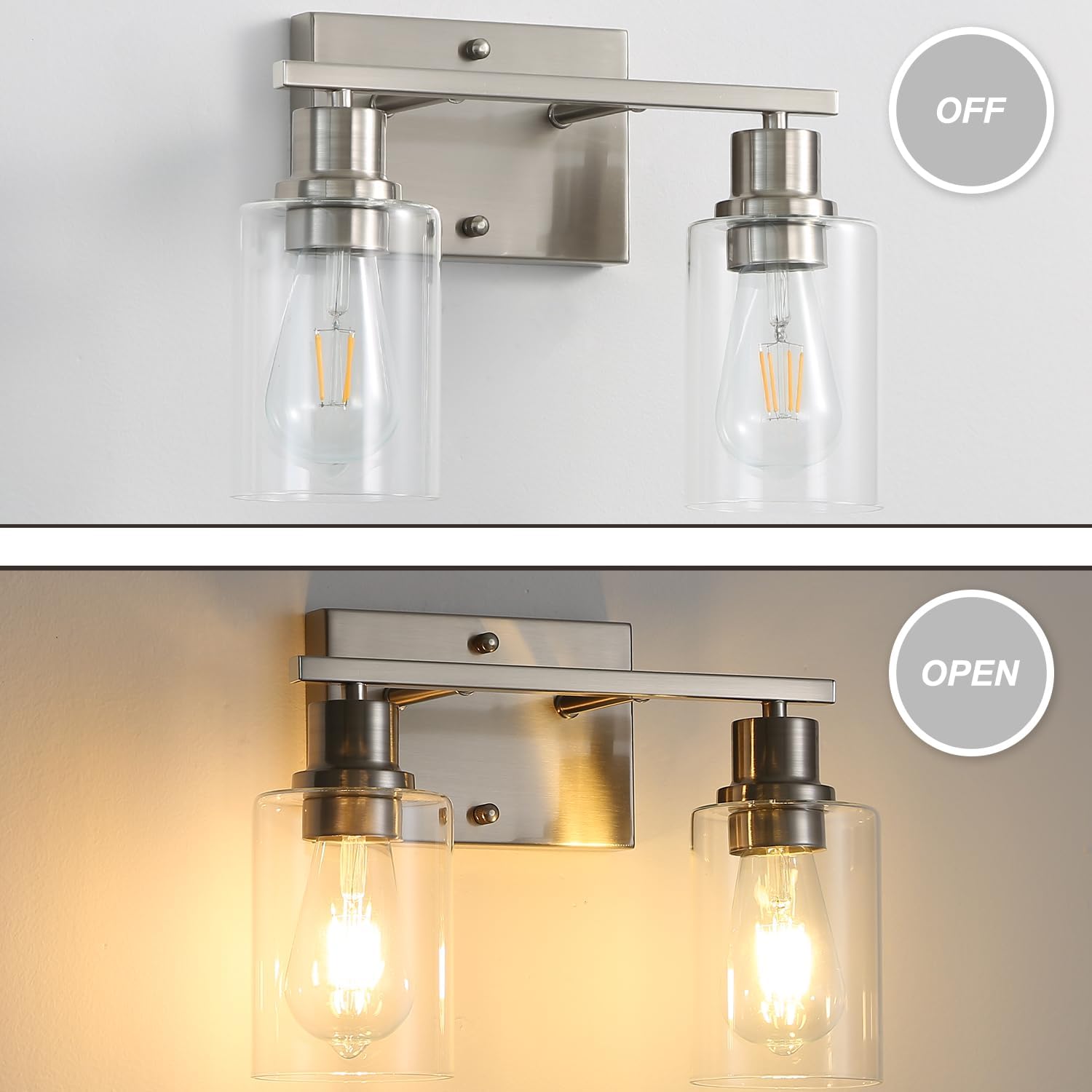 Farmhouse Wall Sconces 2-Lights Brushed Nickel Bathroom Vanity Light Fixtures,Classic Wall Lights with Clear Glass Shades, Modern Wall Lighting ​for Mirror,Bedroom,Living Room