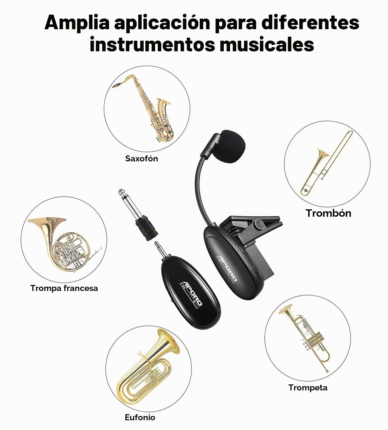 Micrófono de Saxofón Inalámbrico 2.4G, Clip en Instrumentos Musicales Micrófono, Receptor y Transmisor Inalámbrico, para Saxofón y más