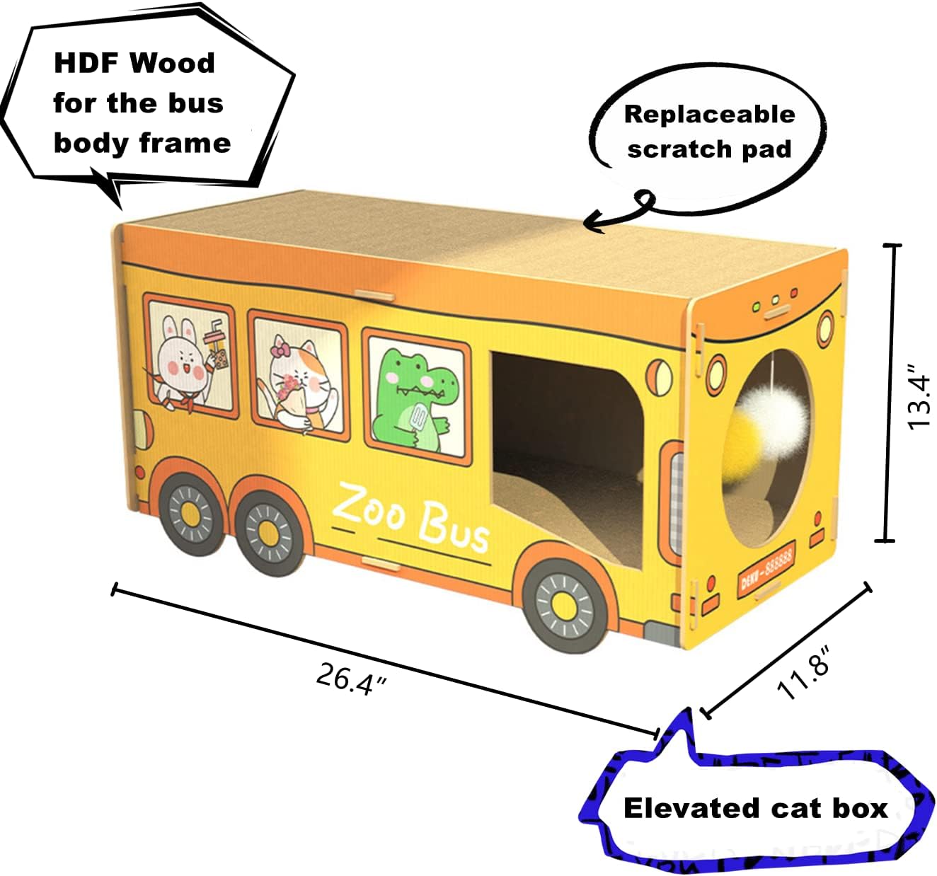 SHENGOCASE Wooden Jumbo 26.4" x 11.8" Extra Large Bus Shaped Cat Scratcher House for Maine Coon, Cardboard Cat House with Scratching Pad