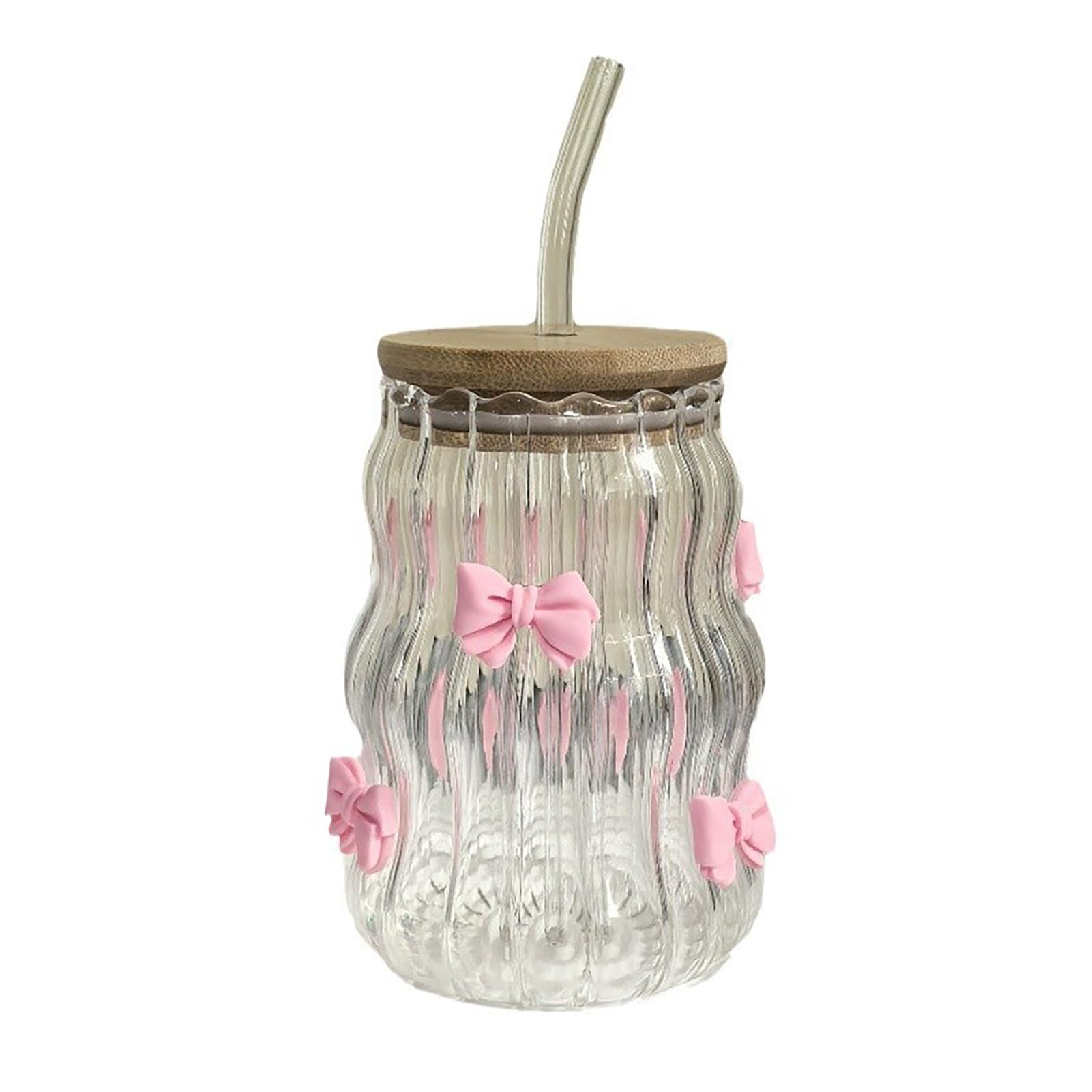 BestAlice Ribbed Glass Drinking Cup, 450ml, Pink, Bow or Rose Style, Iced Coffee Cup, Bubble Glass, Medium Size, Reusable