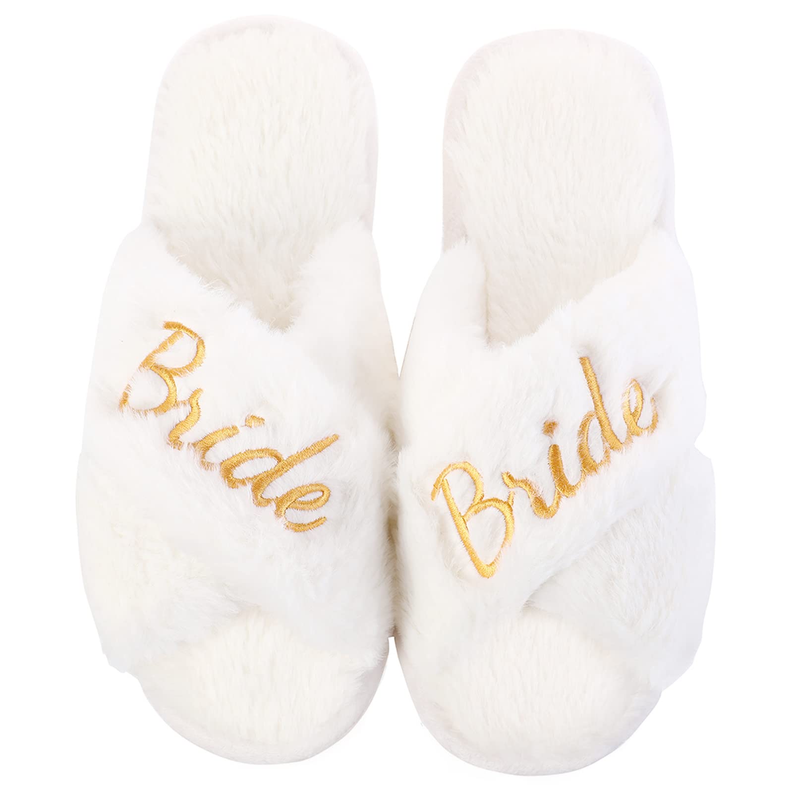 Bride Slippers for Wedding Day White Fuzzy Slippers for Bachelorette Party Bridal Shower Gifts