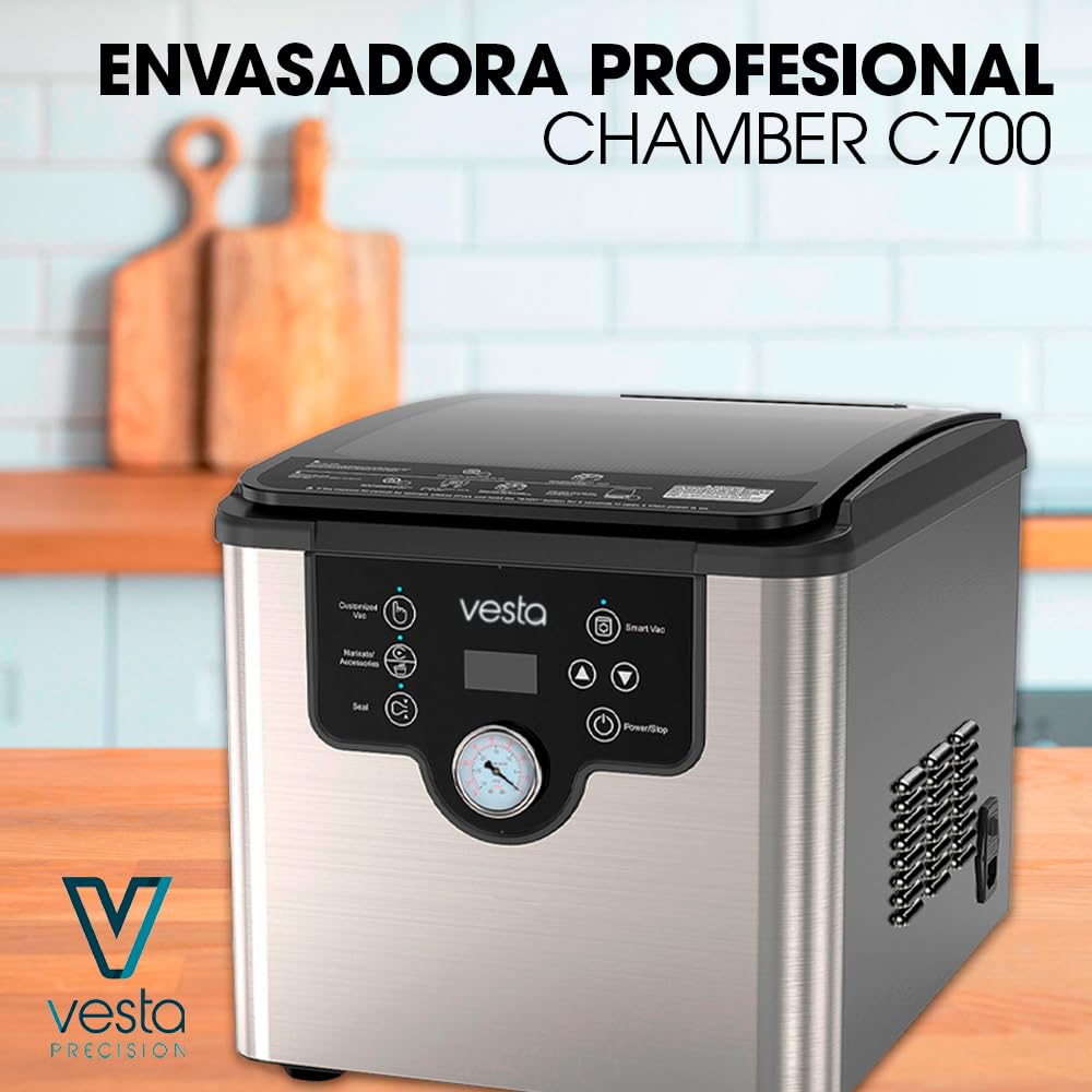 Vesta Precision Envasadora Profesional de Campana para Uso Intensivo y Envasado de Líquidos con 26cm Barra de Sellado, Bomba de Aceite 8 m³/h