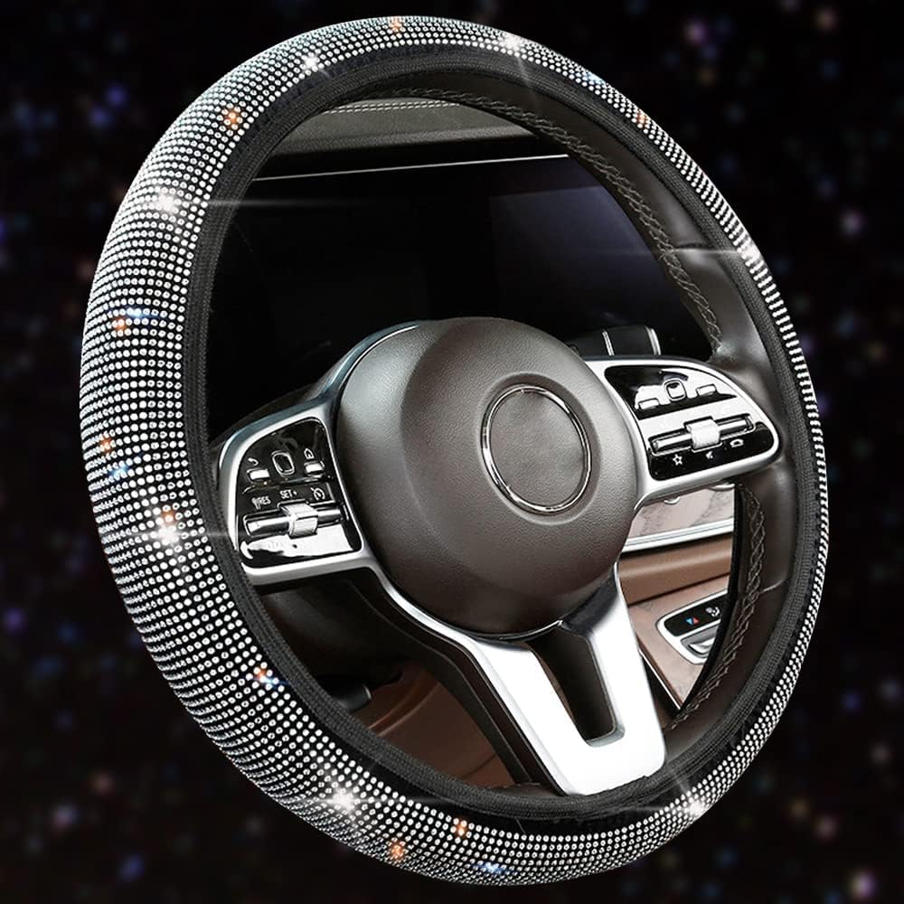 Bling Car Accessories Set, Bling Crystal Steering Wheel Cover for Women Universal, Bling Gear Shift Cover, Bling Center Console Cover,Bling Car Coasters, Rhinestone Car Accessories 5 Pcs(White Set)