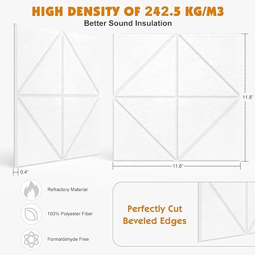 Miniatura 4 de Paquete de 12 paneles acústicos absorbentes de sonido, 12 x 12 x 0.4 pulgadas, paneles de pared de alta densidad insonorizados, paneles de sonido