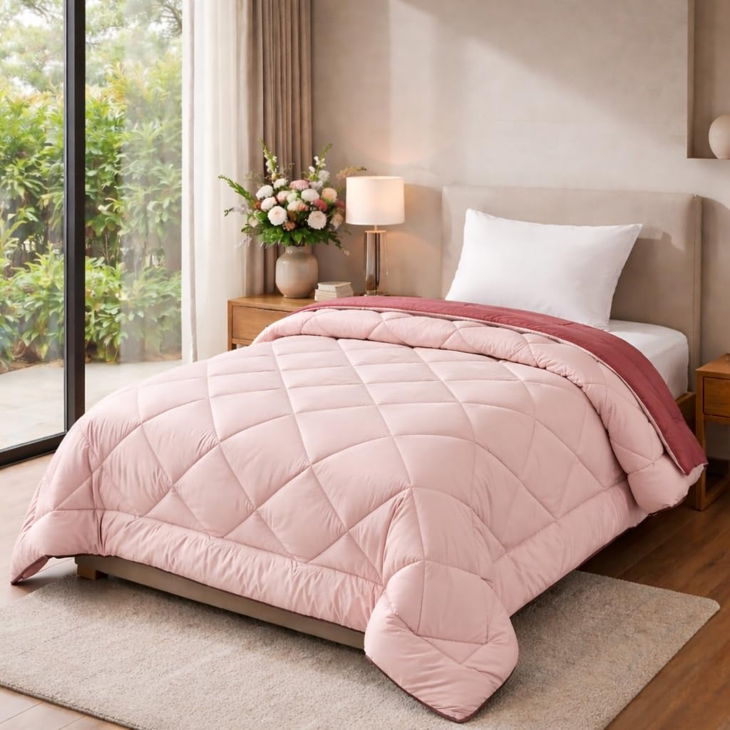 HOMEKART 220 GSM Solid Plain Reversible Summer Microfiber AC Comforter/Duvet| All Season Single Size 3 Layered Quilted Blanket for Single Bed (220 cm x 152 cm, Candy Pink)-image-33