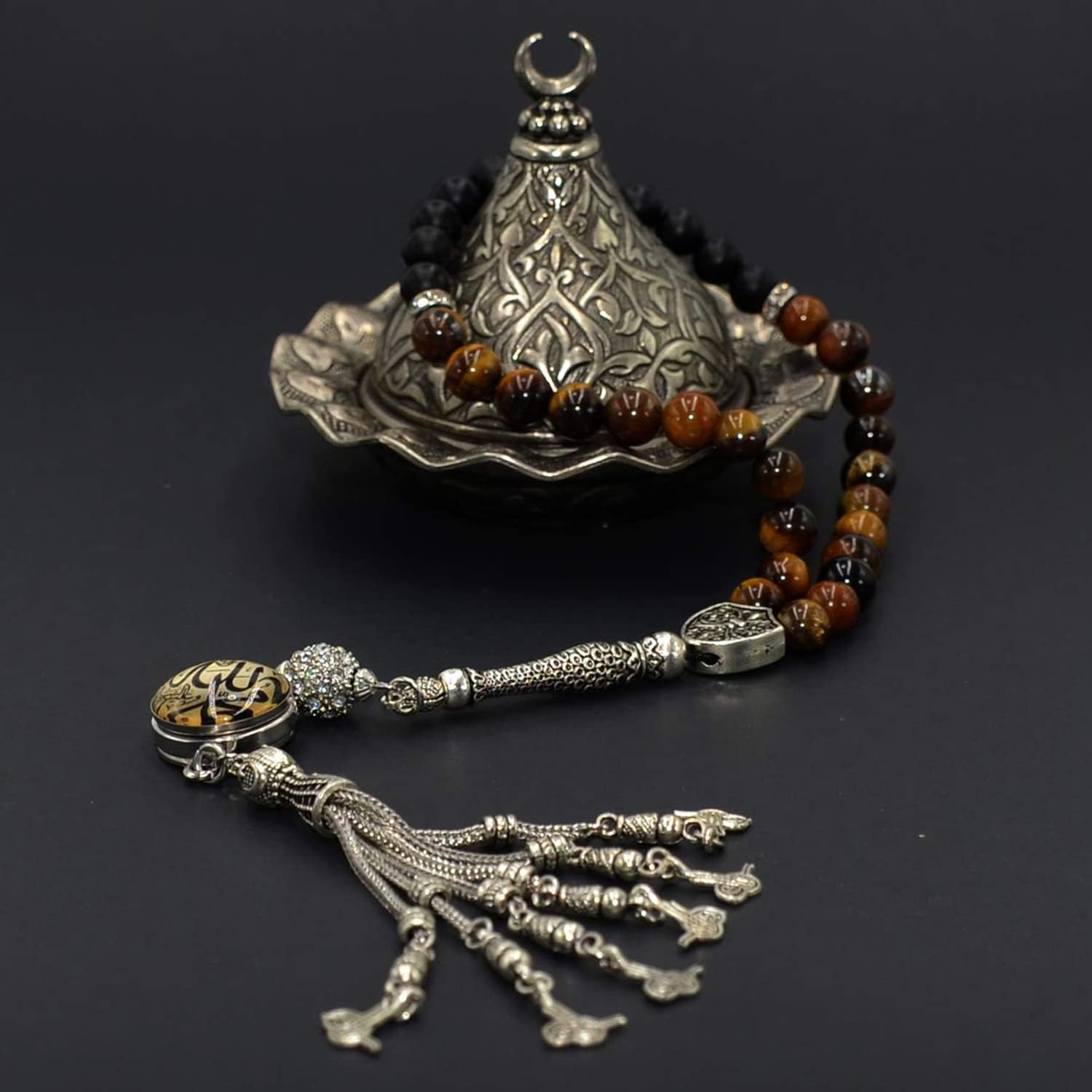 Design -Tiger Eye Stone Series Worry Beads - Prayer Beads (8 mm-33 Beads) Tesbih-Tasbih-Tasbeeh-Misbaha-Masbaha-Subha-Sebha-Sibha-Rosary (Model 2 - Cream Allah&Muhammed Snap Button)