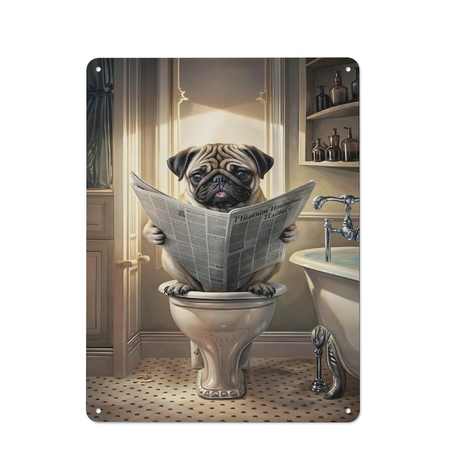 Junmoney Funny Pug In Toilet Country Vintage Metal Wall Decor 40X30cm, Decorative Tin Sign For Cottage, Kitchen, Hallway Or Breakfast Nook