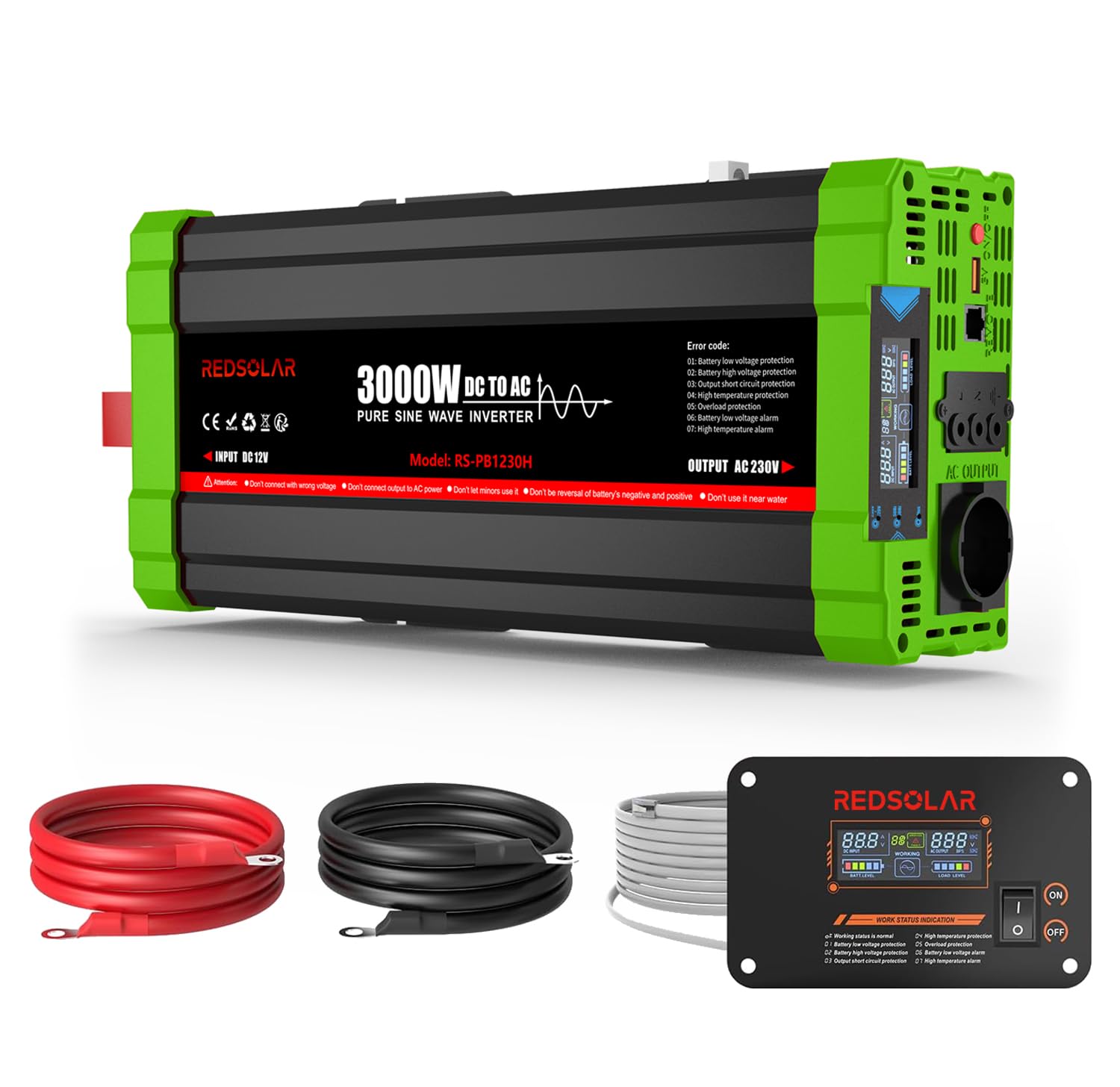 REDSOLAR Convertisseur Pur Sinus 3000W (Pic 6000W) 12V 220V 230V, Onduleur avec Port USB, Prise EU, Écran LCD et Télécommande Filaire de 7 Mètres – pour Caravane, Camping, Voyage et Systèmes Solaires