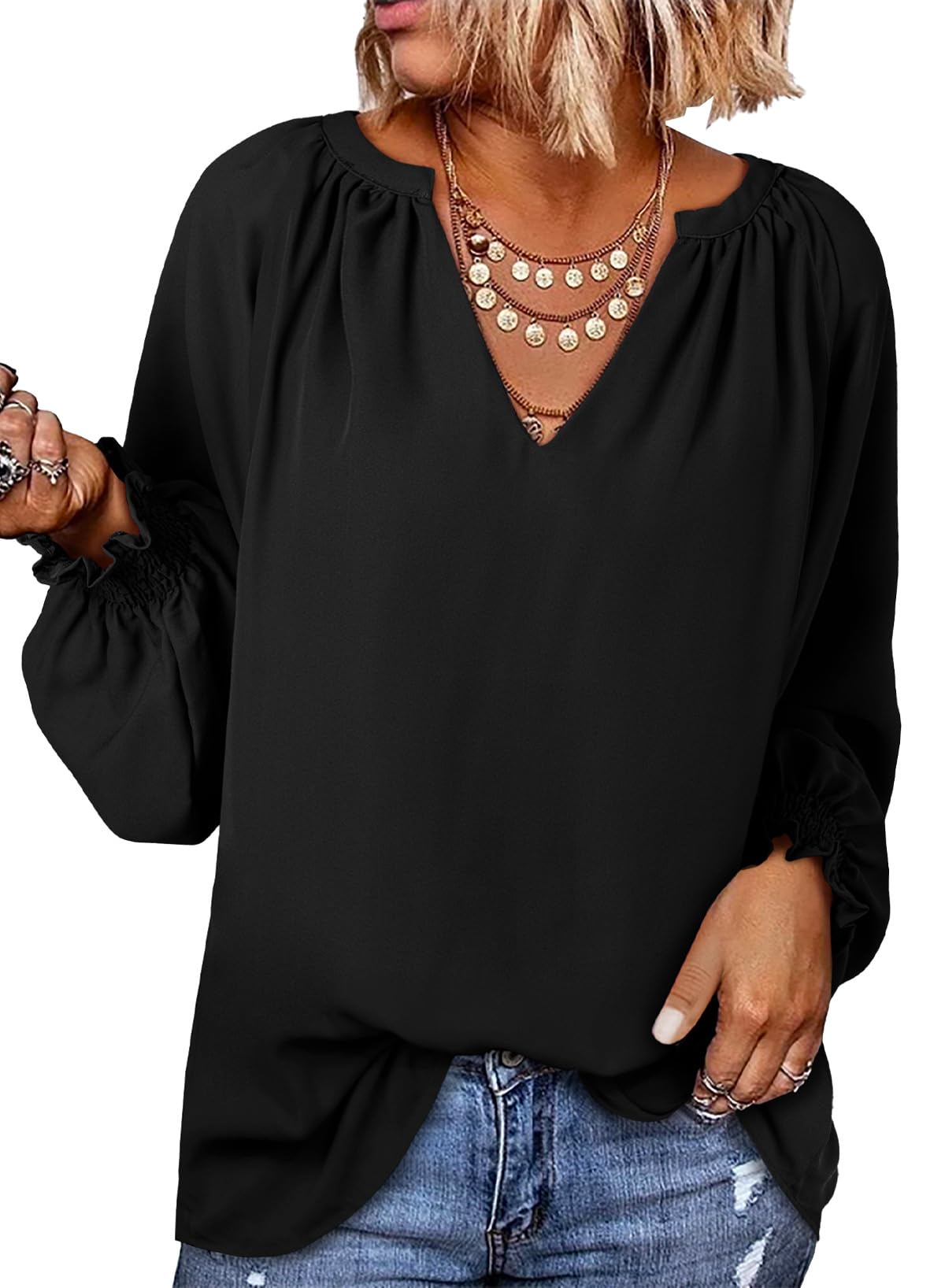 DokotooWomens Long Sleeve Tops Fall Shirts for Women 2025 V Neck Shirts Plus Size Women Blouses Business Casual Outfits Boho Black Tops for Women Trendy Clothes XL