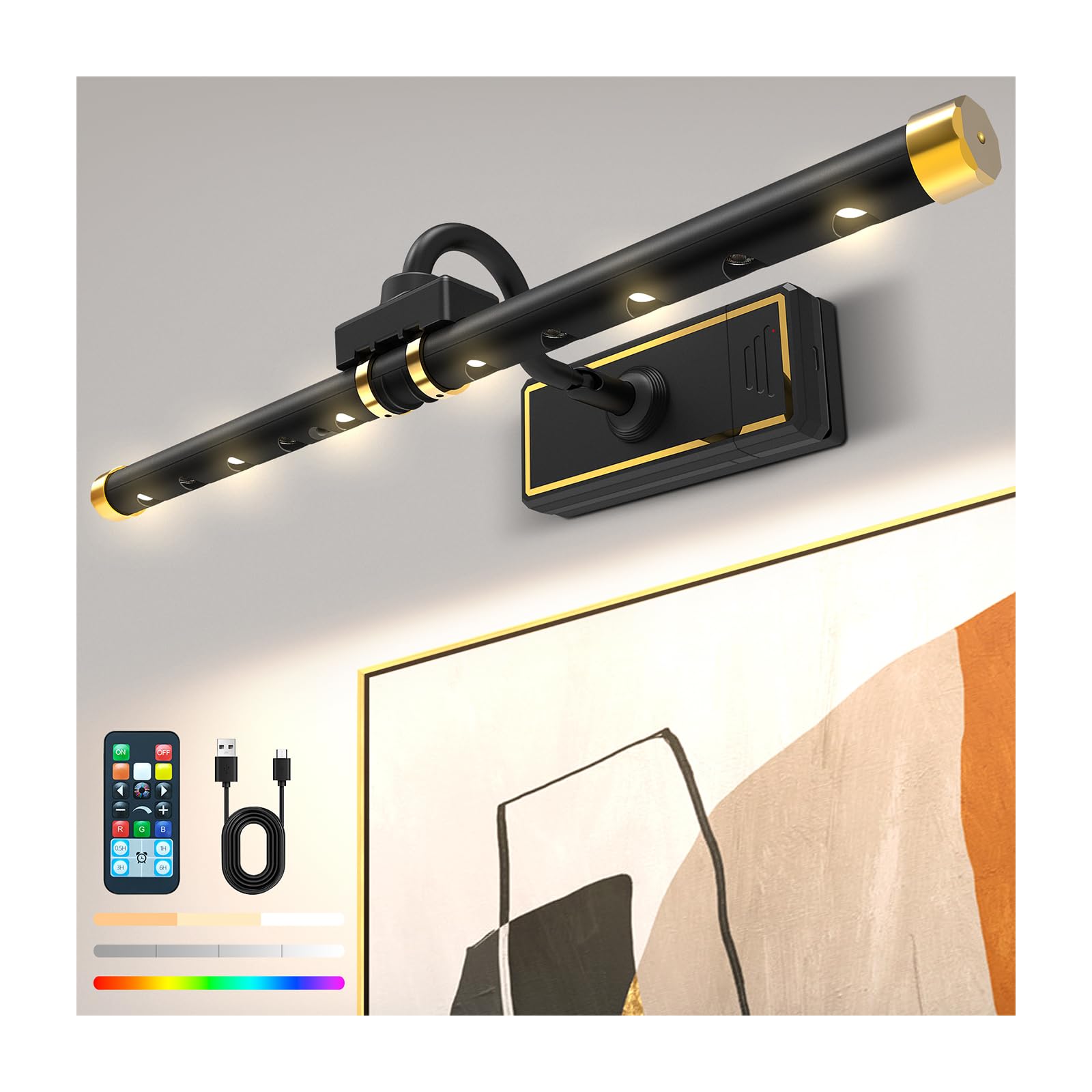 Luce per quadri senza fili con telecomando, applique a LED a batteria staccabile senza fili con timer dimmer, testa di luce ruotabile da 16 pollici per dipingere ritratti artistici