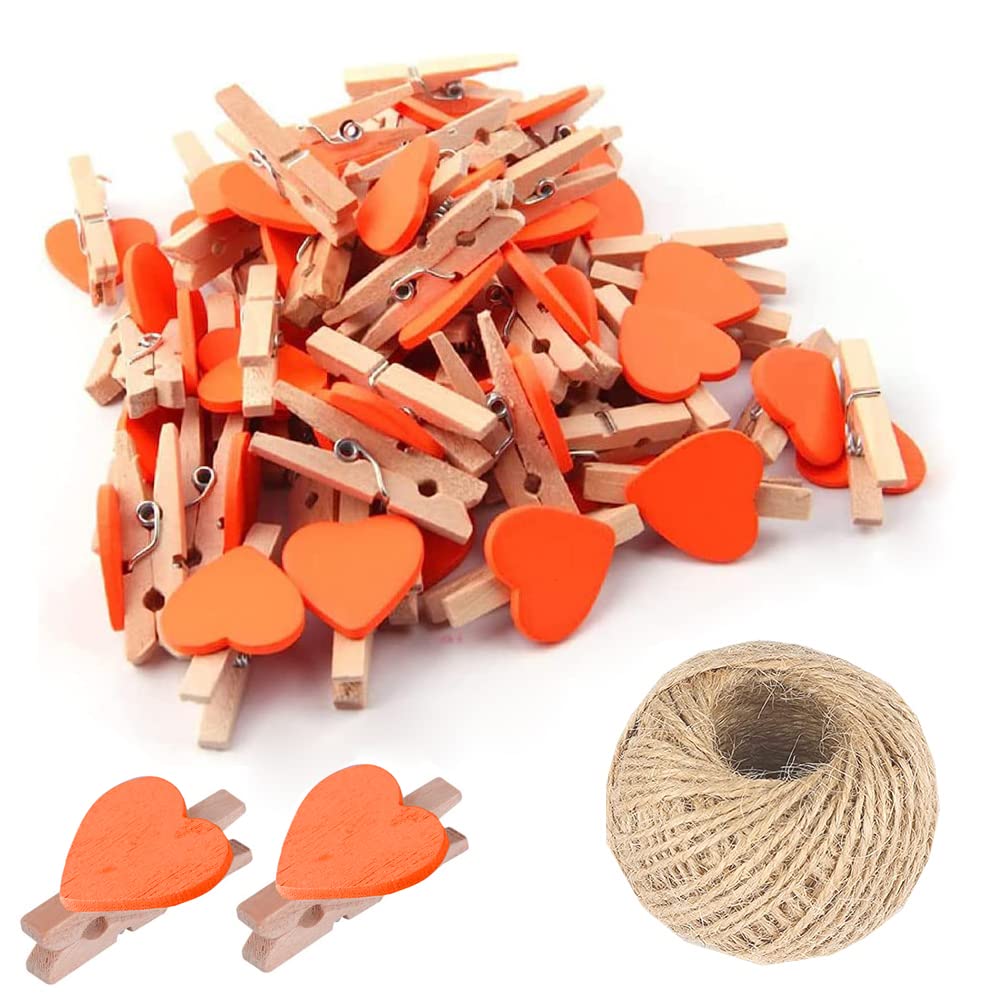 100Pcs Orange Mini Wooden Heart Clothespins, Multicolor Small Clothespins with Heart, 3cm Heart Photo Clips, Tiny Clothes Pins with String for Photos Display,DIY Craft,Wedding&Baby Shower Decor