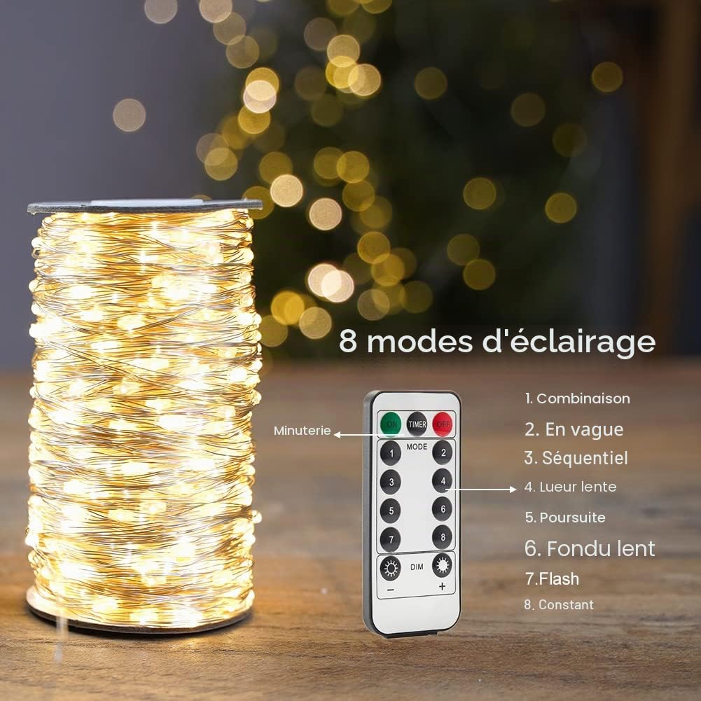 30m Plug in Guirlande lumineuse Blanc Chaud 300 LED Guirlande lumineuse d'intérieur en cuivre avec télécommande pour arbre de Noël, terrasse, jardin, porche, fête de mariage (lot de 2)