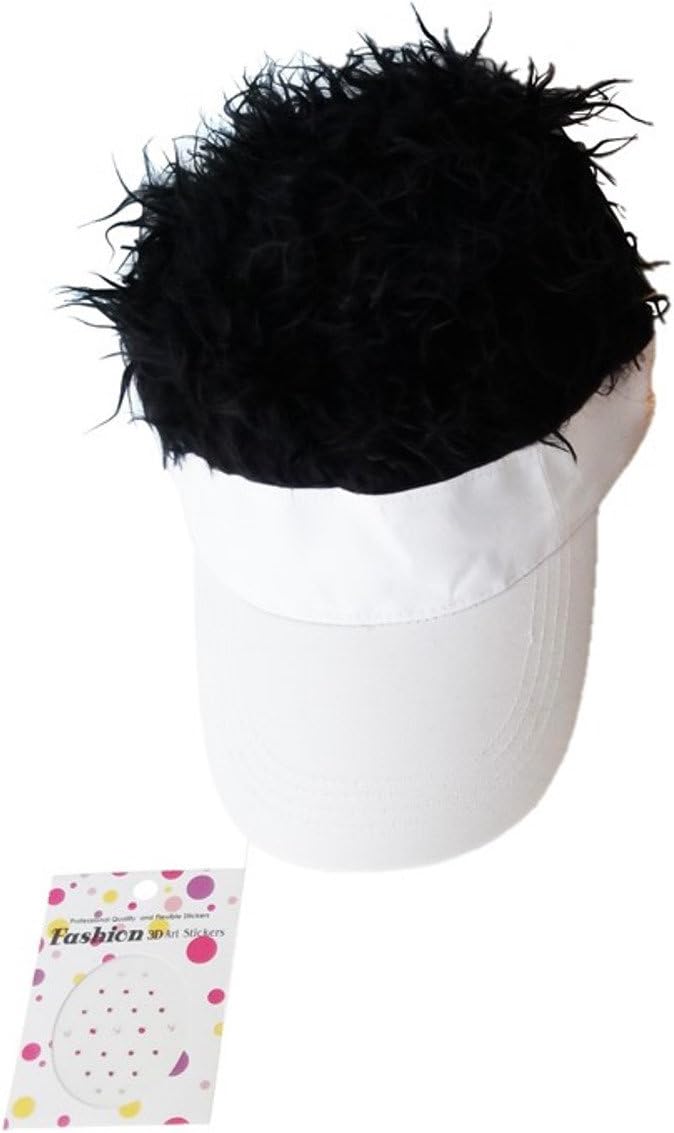 Unique & Fun Camouflage(Pink, Lavender, White) Hat Attached Faux Spiky Hair in Assorted Hair Colors 1 Pack Nose Body Art Stickers, (White Black Hair)