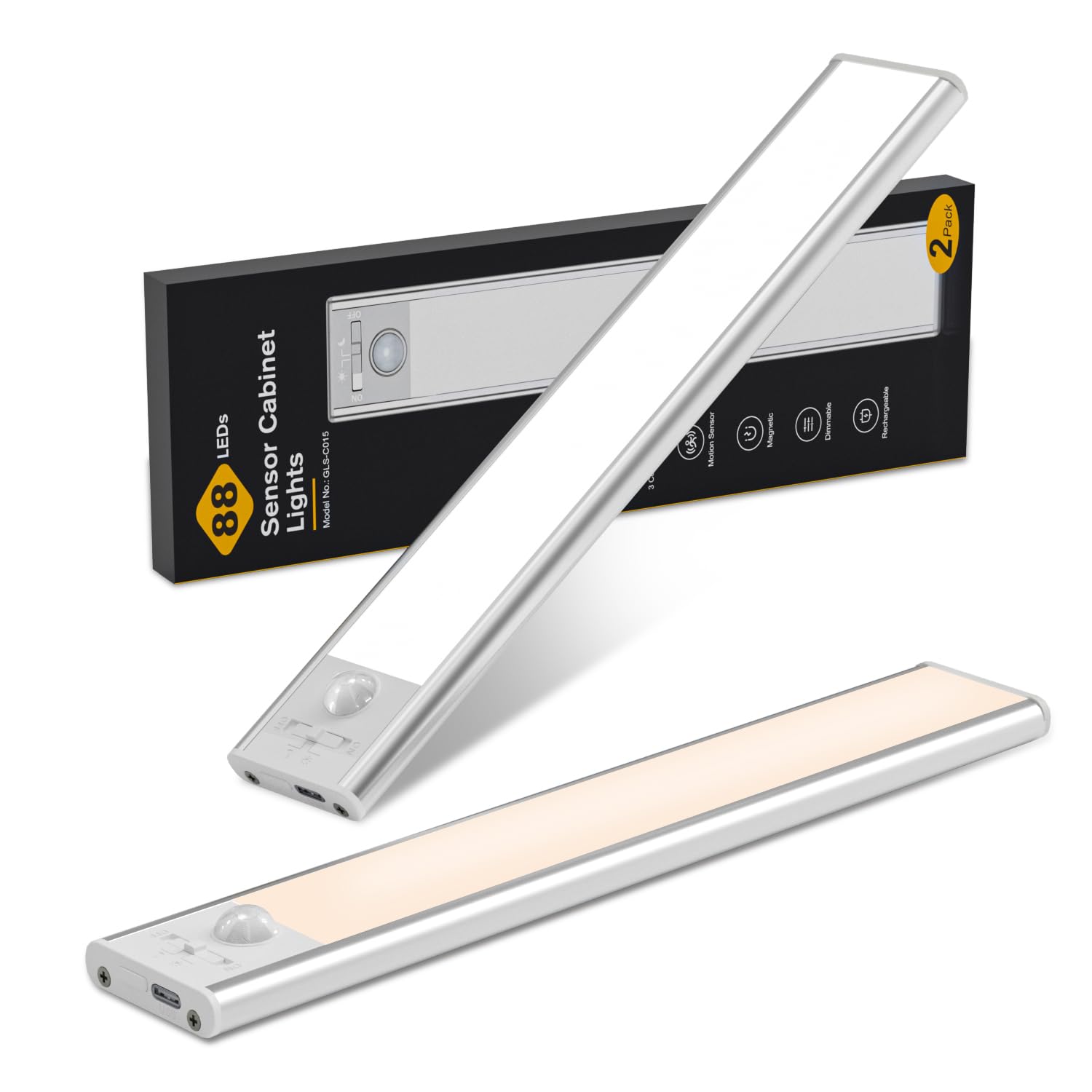Under Cabinet Kitchen Lights Rechargeable 2 Pack, 88 LED Super Bright Motion Sensor Lights Indoor, 3 Colour Temperatures & Stepless Dimming, Wireless Magnetic Wardrobe Lights with 4 Modes, 25.5cm