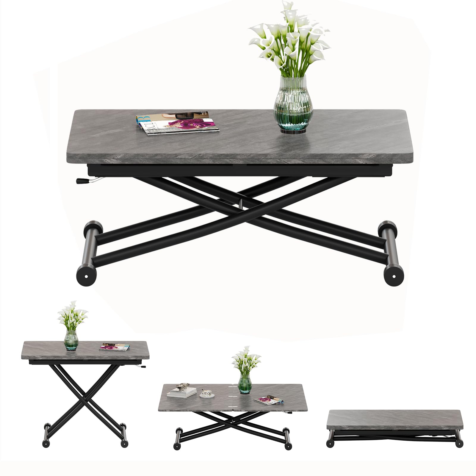 Mesa Elevable y Extensible,Mesa de Centro Funcional para Comedor de Espacio Pequeño, Sala de Estar, Cocina, Sala de Estudio, Gris