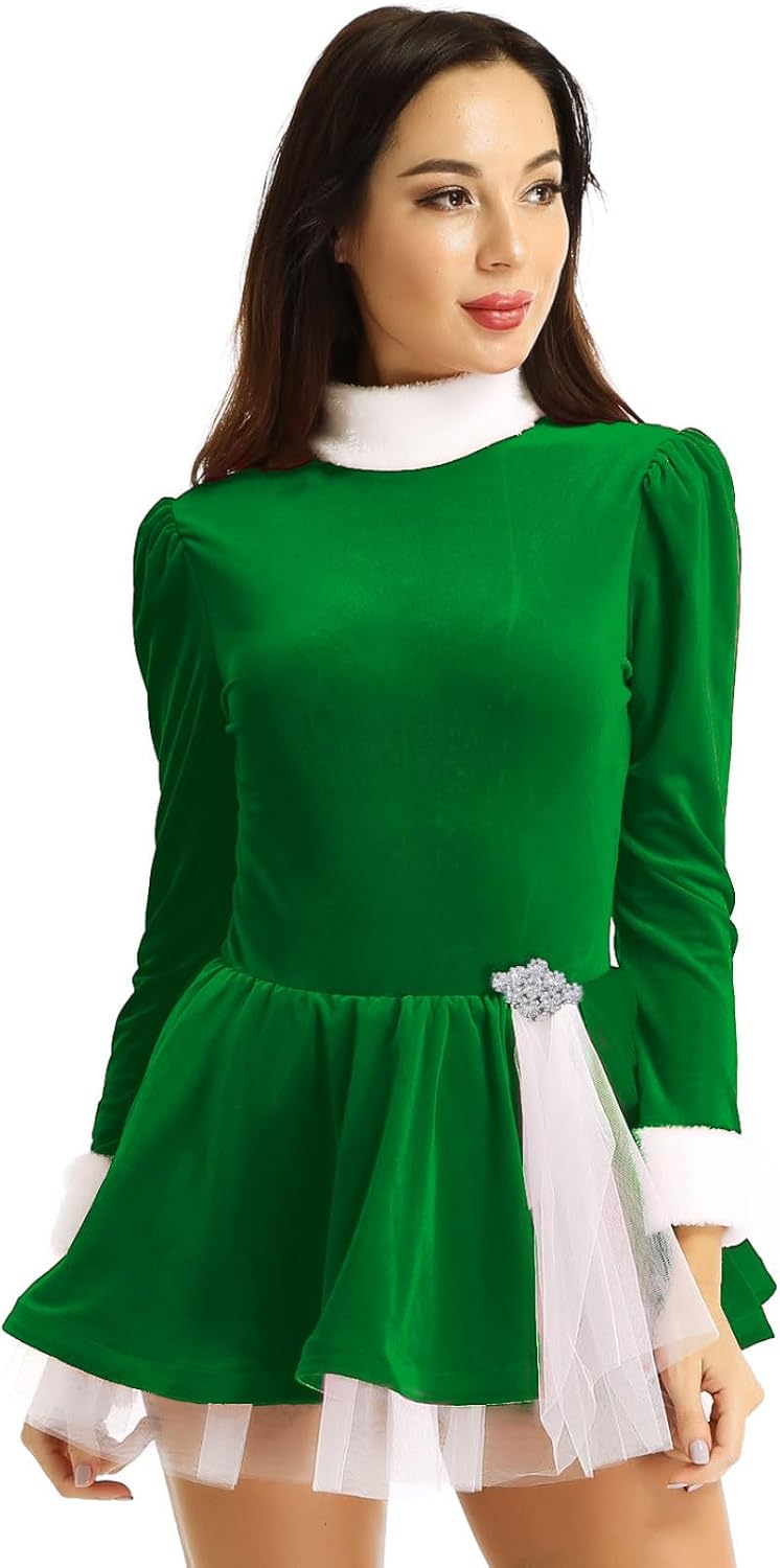 Women's Christmas Dance Costume Long Sleeve Figure Ice Skating Ballet Velvet Leotard Dress