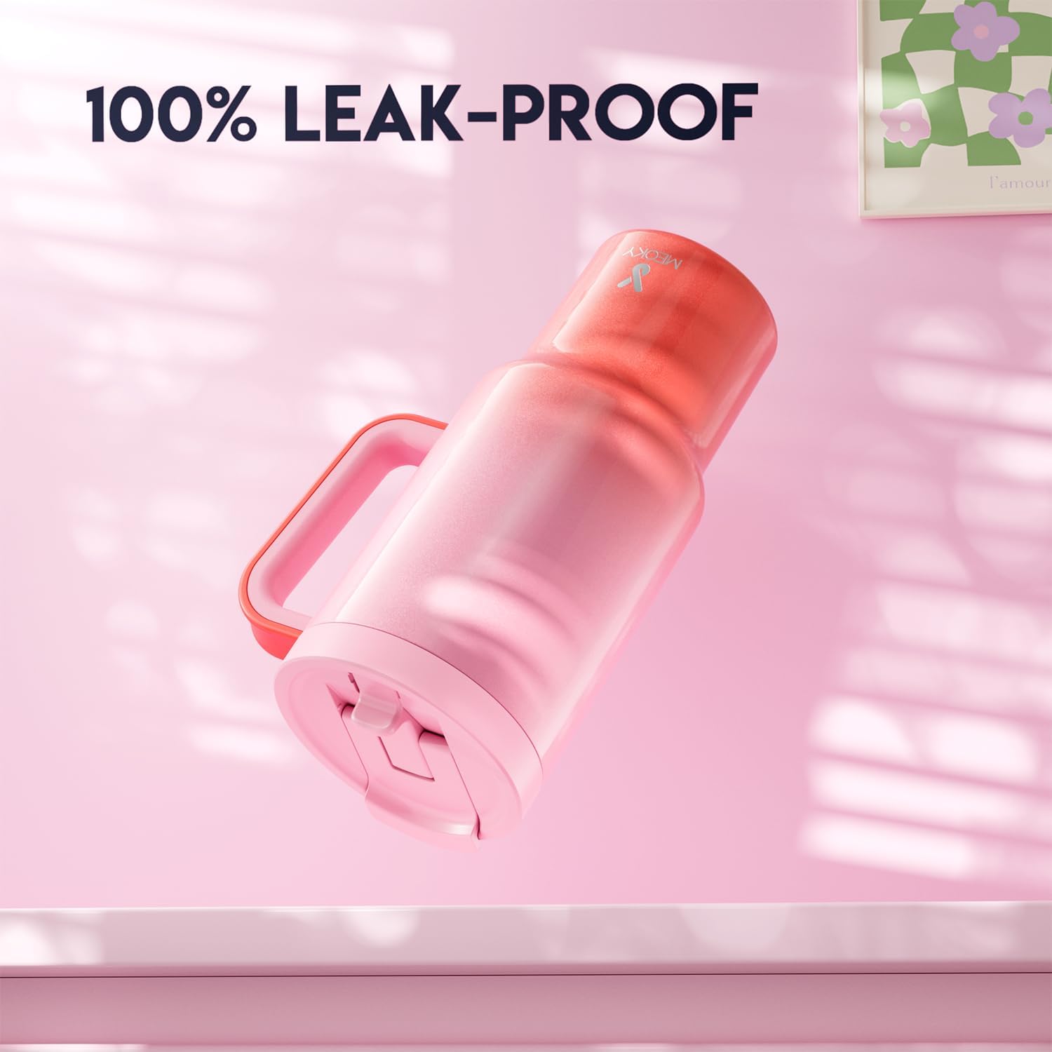 Meoky 32 oz Tumbler with Handle and Flip Straw, 100% Leakproof Tumbler with Lid and Straw, Stainless Steel Insulated Cup, Cupholder Friendly, Keeps Cold for 24 Hours (Flamingo) - Image 3