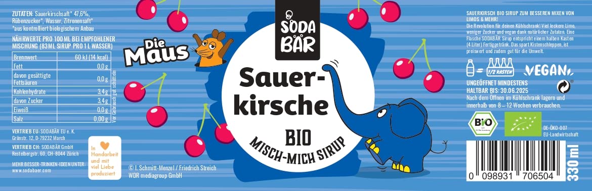 Sciroppo Bio Set da degustazione Mouse > Pesca Arancia | Ciliegia acida | Limone > Mescolare fino a 12 l di bevande, 100% biologico, 100% gustoso e 100% topo