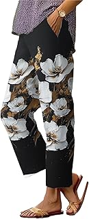Xernbit Pantalones gráficos de pintura al óleo para mujer, pantalones casuales con estampado floral, cintura elástica, ropa cómoda y ligera de verano
