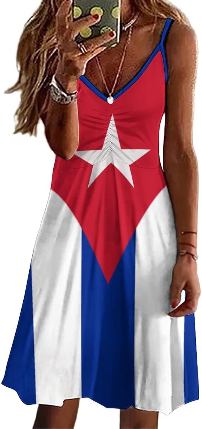 Calculay Women's Dresses,Cuban Flag Girls Long Dresses Summer Suits Skirt Dress