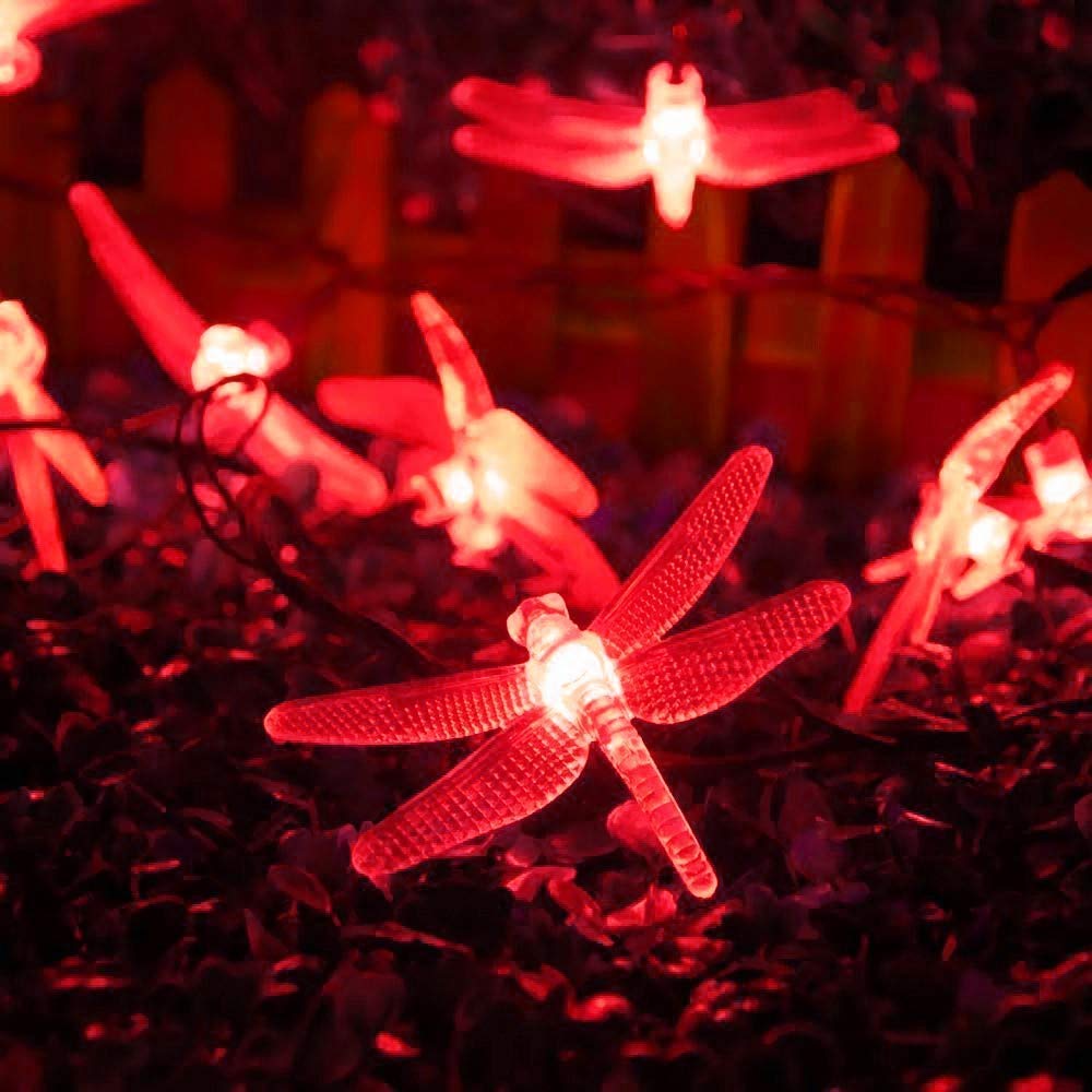 Catena luminosa solare a forma di libellula per esterni con telecomando, 22 m, 200 LED, impermeabili, 8 modalità. (rosso)