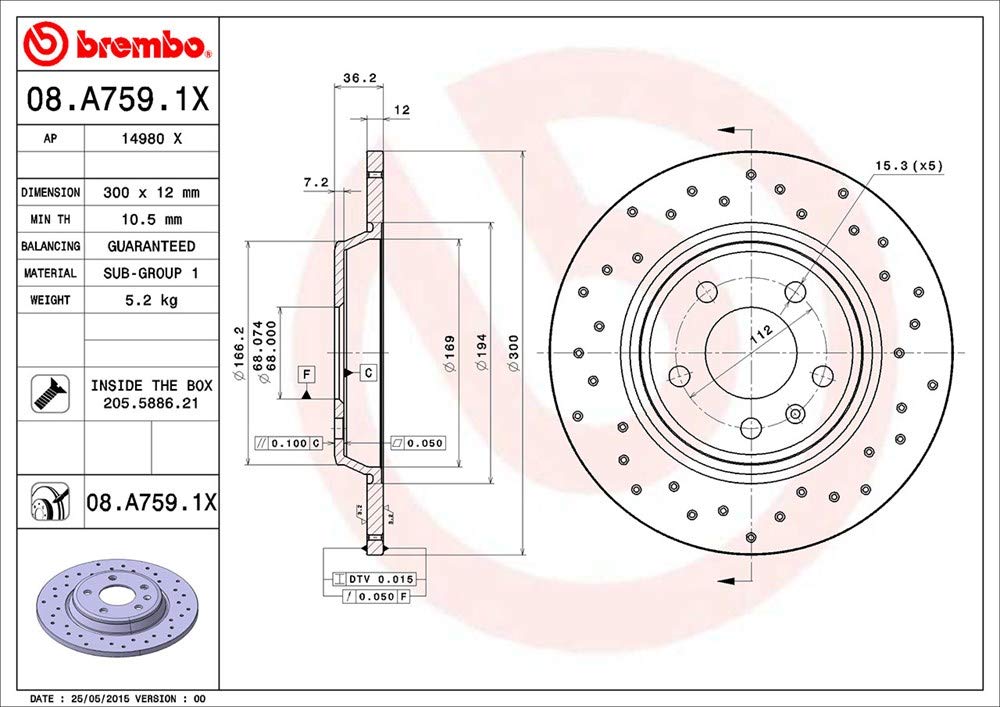 Brembo Xtra 08.A759.1X - Disco Freno Forato Posteriore, Set di 2