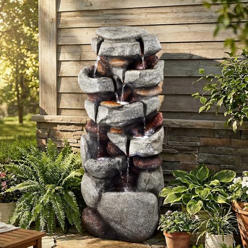 Image of Jocoevol 40 inch H Outdoor Water Fountain, 7-Tiers Cascading Rock Waterfall