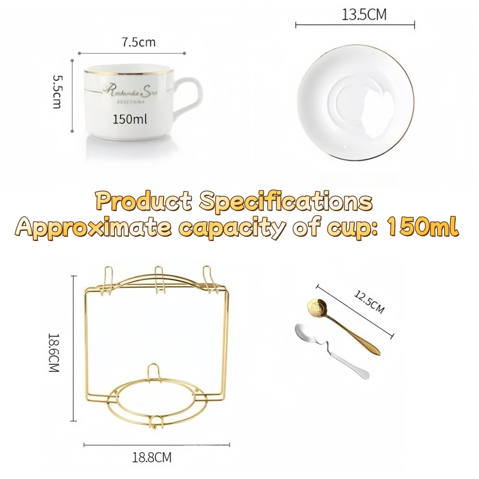 Zestaw filiżanek do cappuccino, 6 filiżanek i spodków (150 ml), luksusowy zestaw filiżanek do herbaty, filiżanki do kawy z uchwytem, brytyjska porcelana królewska (złota róża)