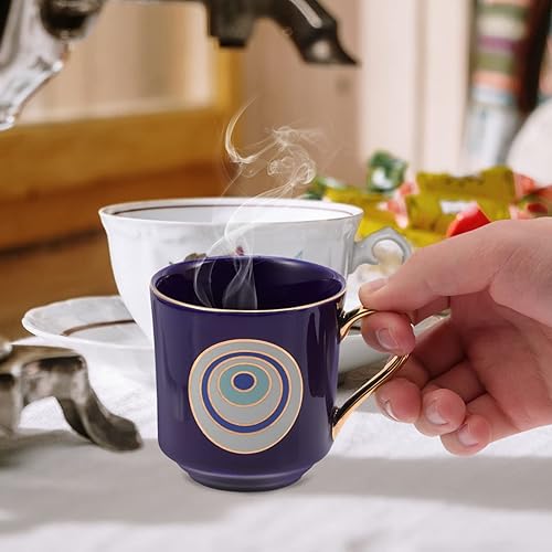 Miniatura 3 de Hemoton Taza de café de cerámica con patrón de mal de ojo con asa, taza de agua de ojo de dios turco, taza de leche para beber para el hogar,