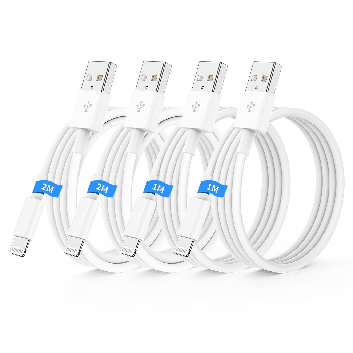 QZIIW Cavo Per iPhone,Originale Apple Certificato MFi,Cavo USB Apple Ricarica Rapida,Cavo Lightning 4 Pezzi 1M+2M,Cavo USB A to USB Lightning per iPhone 14 13 12 11 Pro Max XS XR X 8 7 6 5 SE iPad