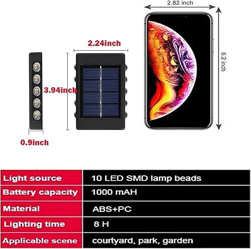Miniatura 5 de ASLIDECOR 10 luces LED solares de pared hacia arriba, paquete de 4 lámparas iluminadas con sensor de luz solar al aire libre, IP65, impermeable,