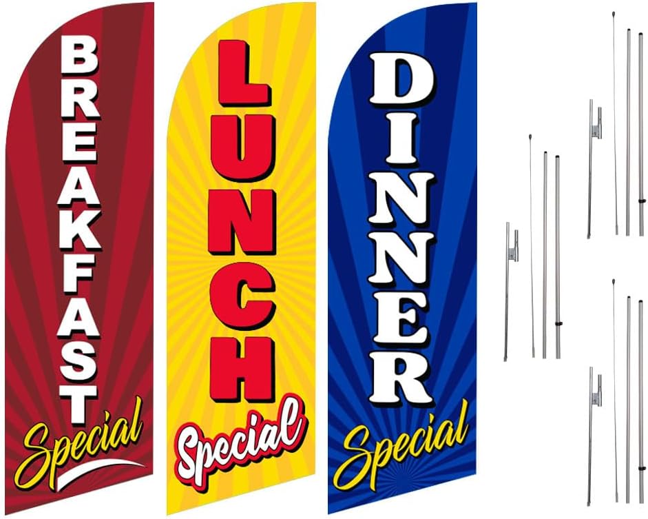 Pack of 3 - Lunch, Dinner and Breakfast Special 6 FT Swooper Feather Flags for Restaurants Businesses Outdoor Advertising Windless Banners with Complete 8FT pole kit and Ground Spike