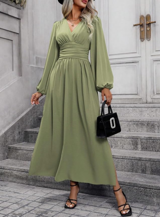 Women's Cocktail Holiday Spring Wedding Guest Dresses Deep V Neck Long Sleeve Split Polyester Caramel Formal Casual - Image 5