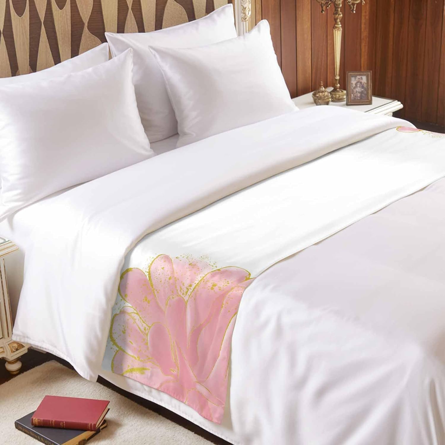 Blush Pink Gold Bed Runner for Full/ Queen Size Bed, Bedspread Protector Slipcover Bed Scarf for Foot Bed Runners & Scarves for Bedroom Hotel Wedding Room 83x20 Inches Abstract Contemporary Flower Art