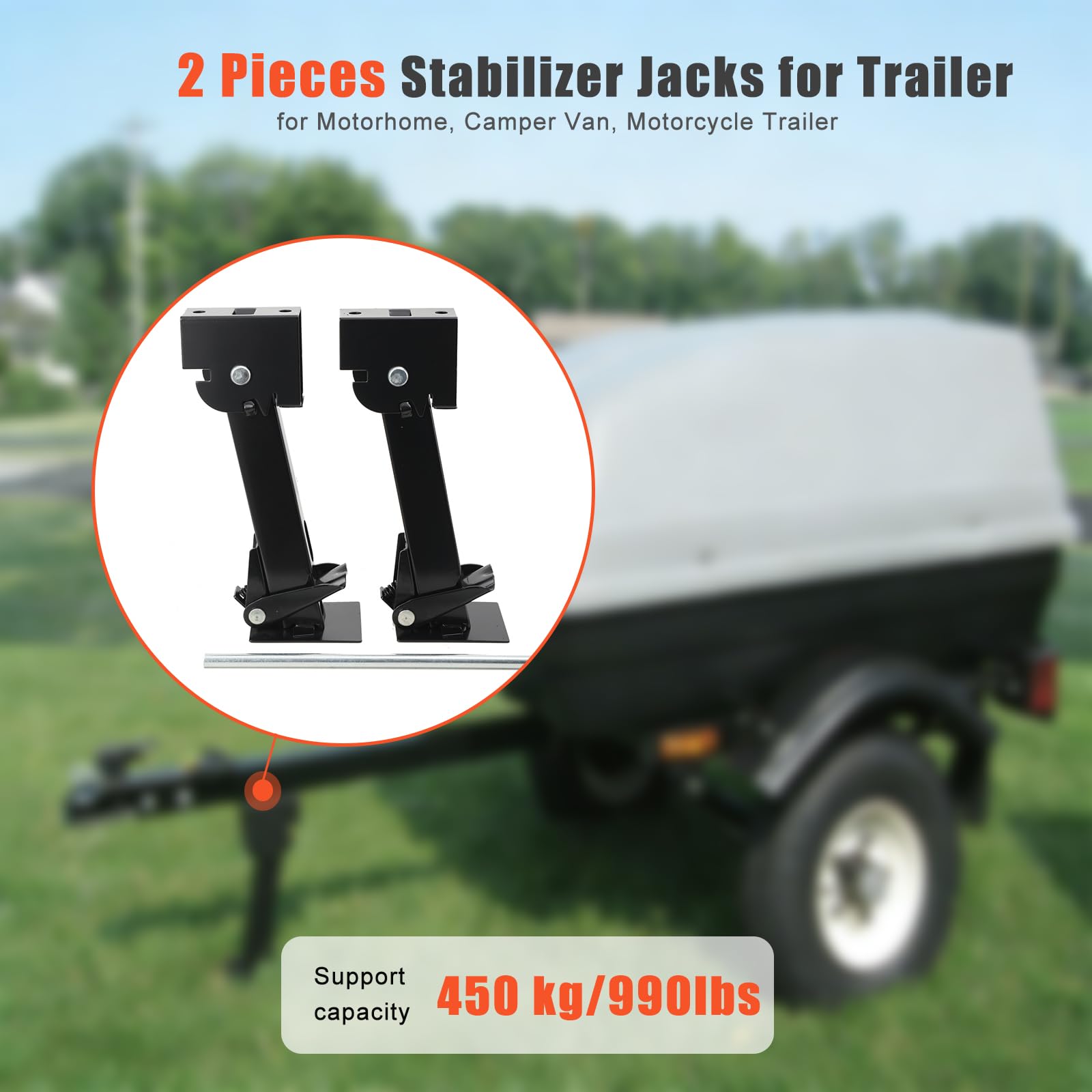 Vérin Stabilisateur Caravane, Lot de 2 Stabilisateurs de Remorque, Support de Stabilisation Charge 450kg (992 lbs), Réglable 290-455mm, pour Camping-Car, Caravane, Véhicule Tout Terrain