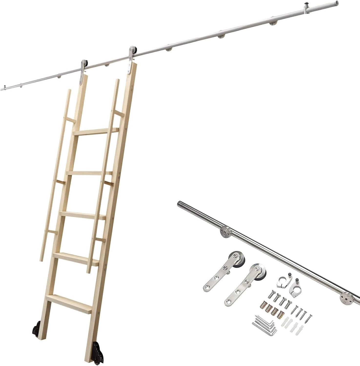 Rolling Library Ladder Hardware Kit - Sliding Door Hardware Accessories, Stainless Steel Round Tube Mobile Ladder Track, Hanging Rail With Pulley, With Floor Roller Wheels