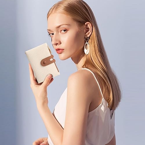 Miniatura 6 de FALAN MULE Cartera pequeña de cuero para mujer, con bloqueo RFID, tarjetero plegable con bolsillos dobles con cremallera, Blanco y marrón, Compacto