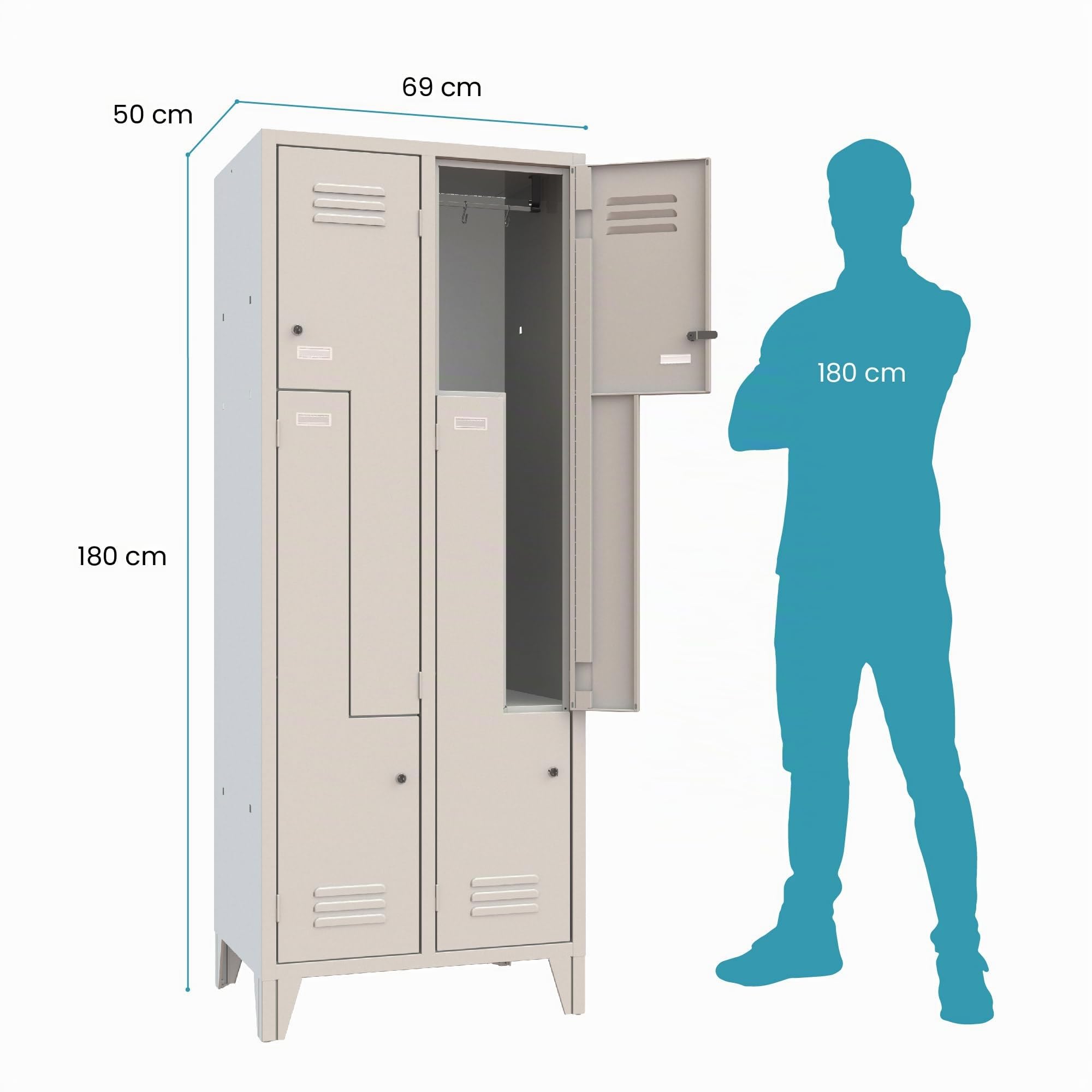XLOCKERS Armadio Spogliatoio Monoblocco Ante a Z, 4 Posti, in Metallo, 690x500x1800 mm, Colore Grigio RAL 7035. Con Imballo di Sicurezza.
