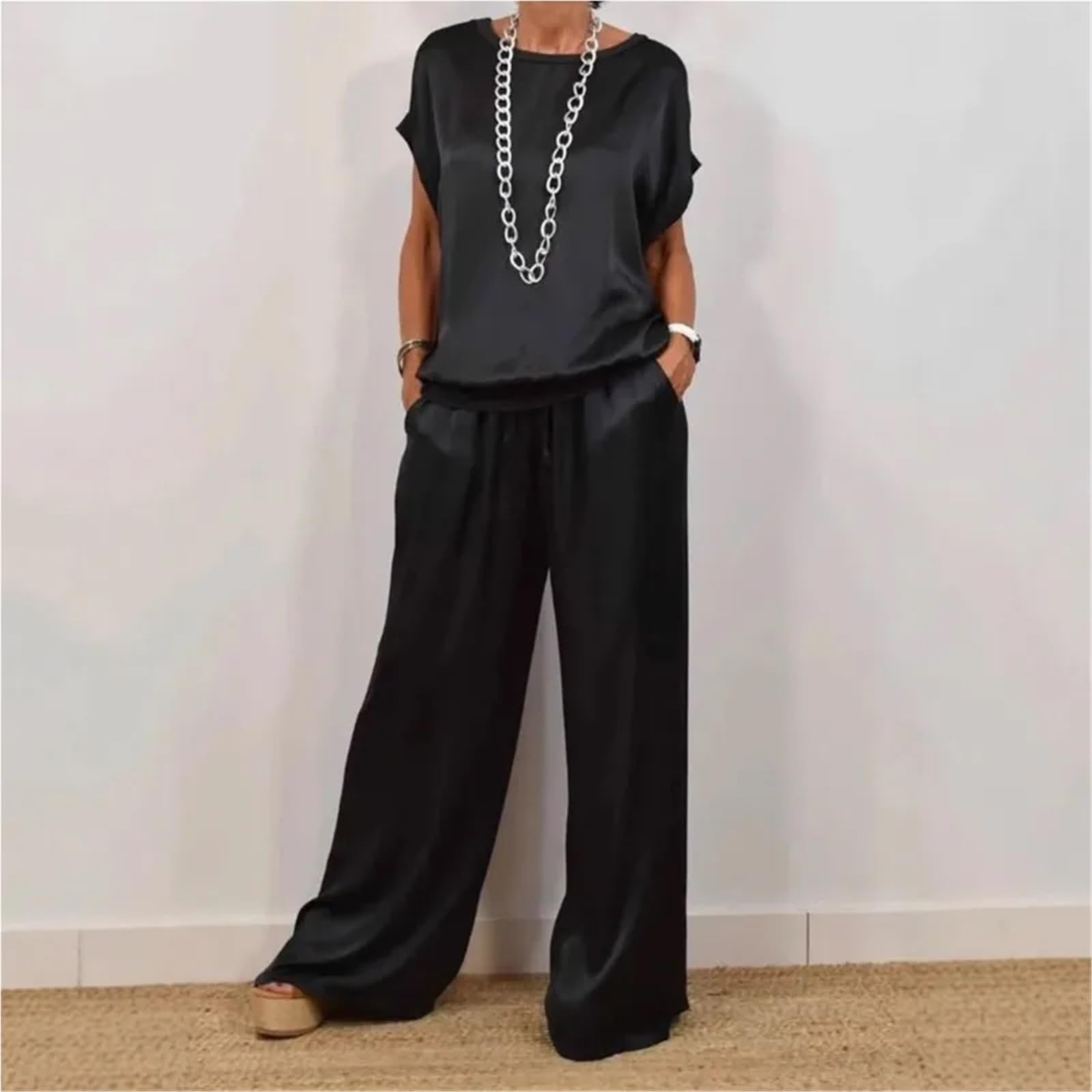Traje de satén de talla grande for mujer, top negro con cuello en V, pantalones largos, trajes holgados, conjuntos de ropa informal de verano a la moda for mujer Para Playa y Verano(Black,XXL)