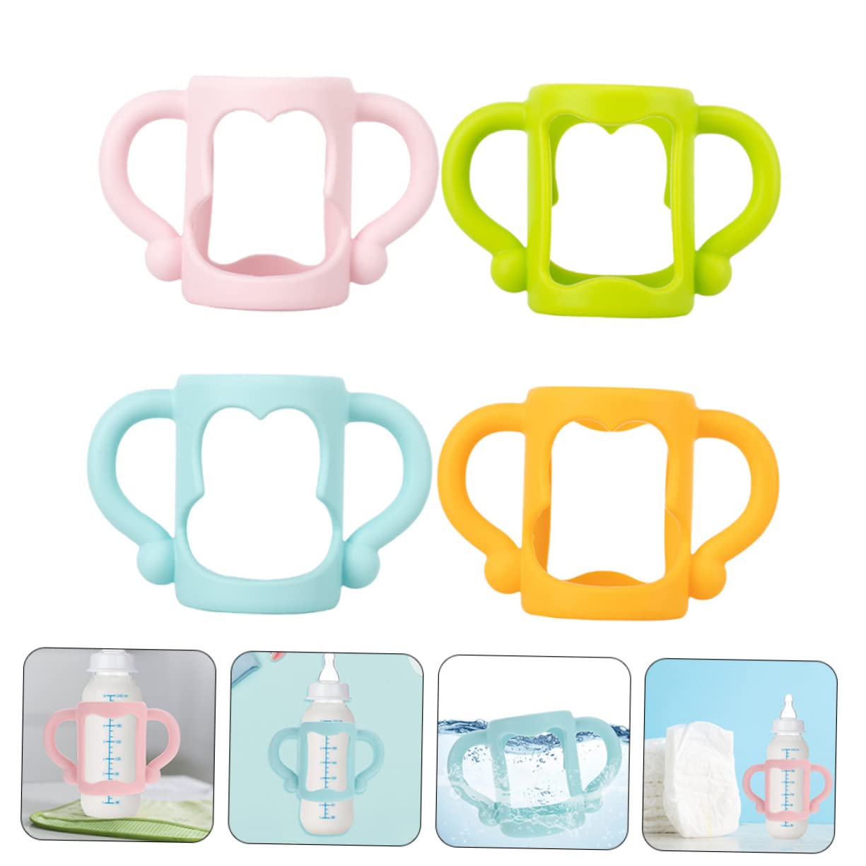 Asas de Silicona para Biberones 4 Piezas, Agarre Cómodo | Pack de 4, Tacto Suave y Decorativo, para Botella de Ñiño, Fácil Agarre y Uso Diario