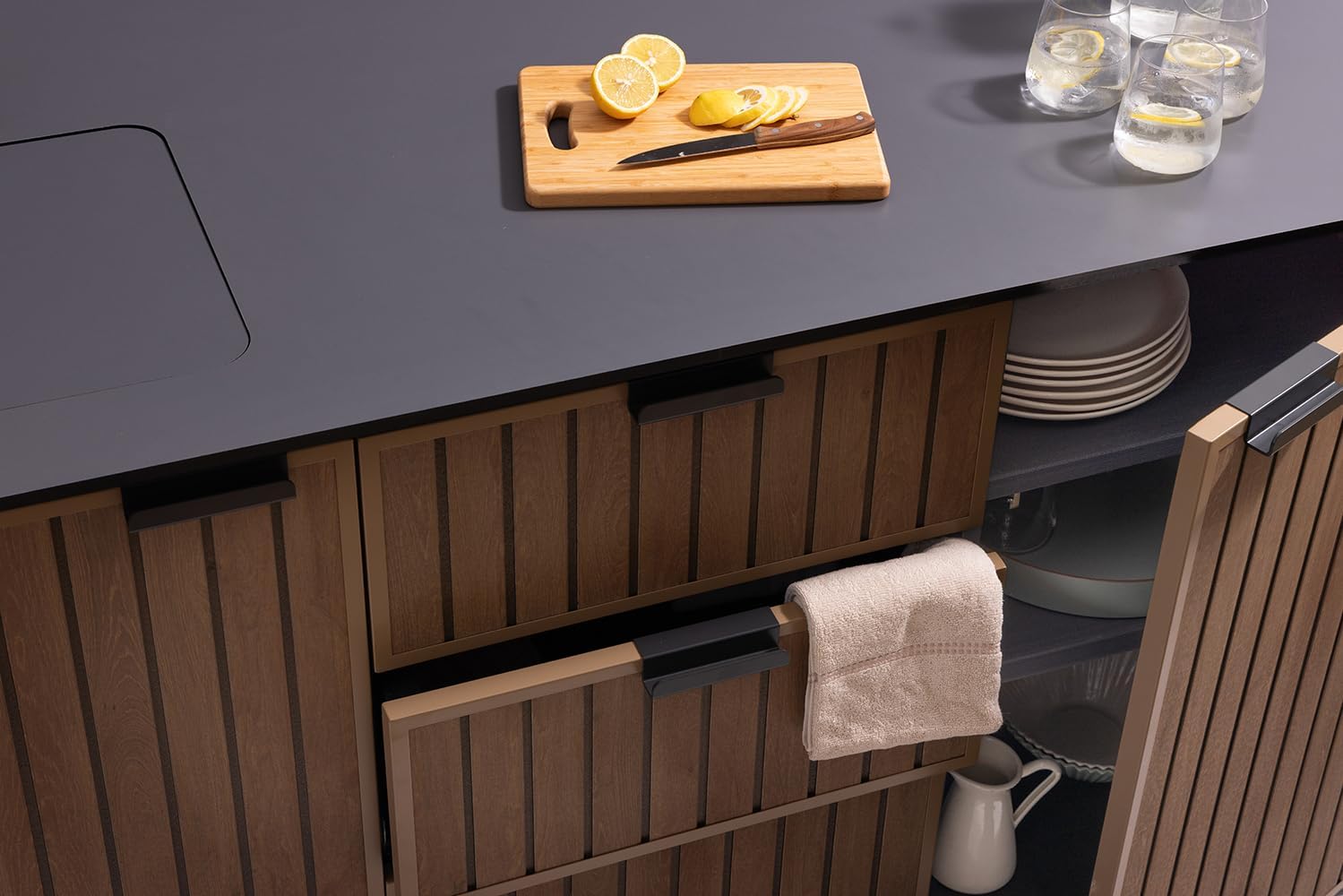 Keter Signature Compact Outdoor Kitchen Island with Sink, Storage Drawers & Cabinet, Brown, Weather-Resistant Resin Patio Prep Table with Countertop