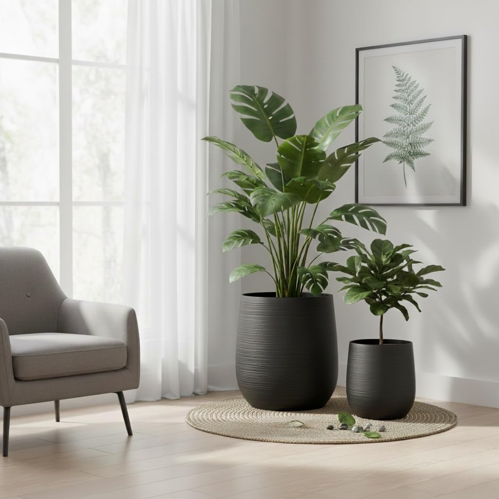 Olly & Rose Extra Large Plant Pot Patterned - Black Garden Planter - XL Flower Pot - H 50cm D45cm + H40cm D38cm