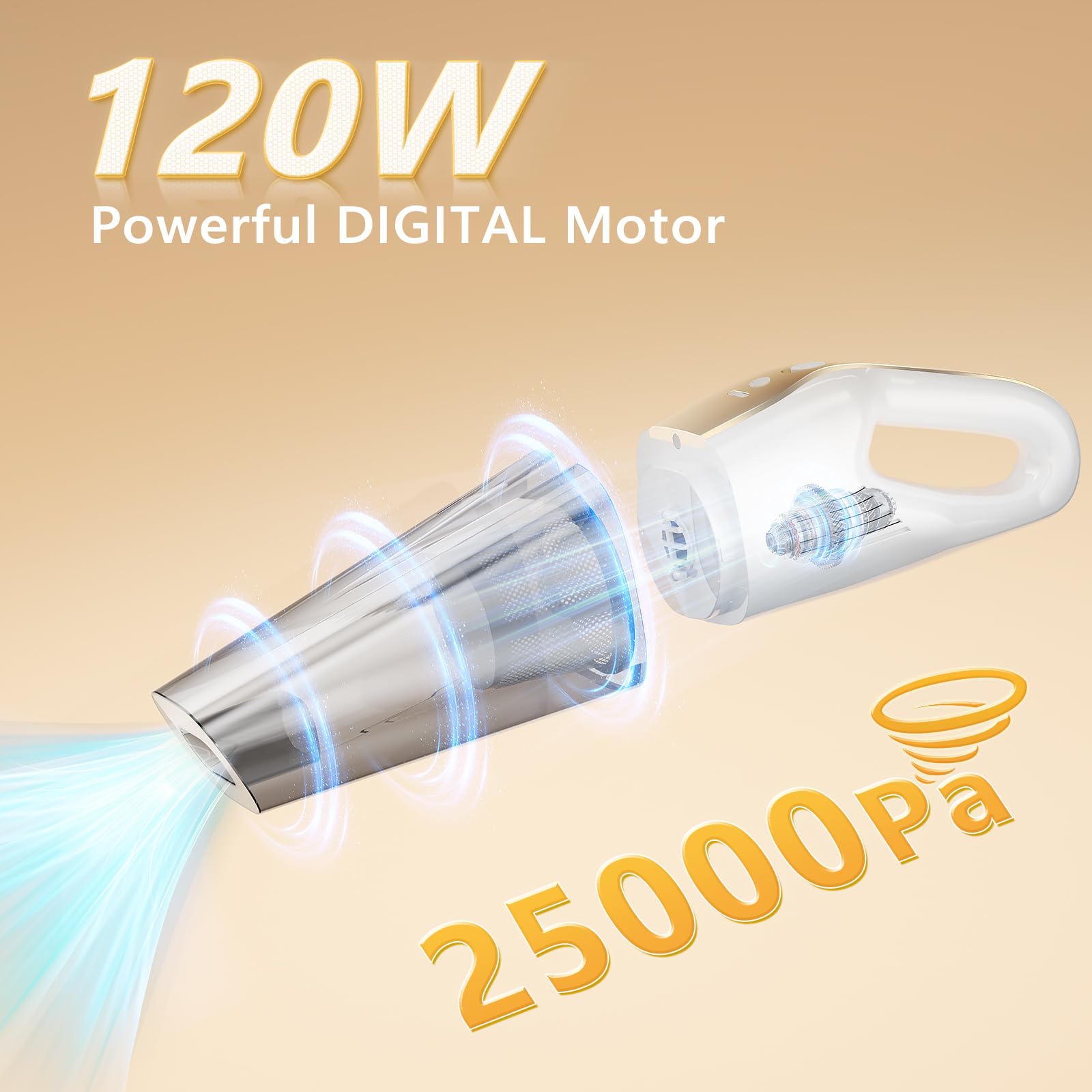 Aspirapolvere portatile senza fili 9500Pa con batteria 6000mAh e filtro HEPA lavabile, secco/umido per auto, peli animali e materassi, luce LED, autonomia fino a 30 min