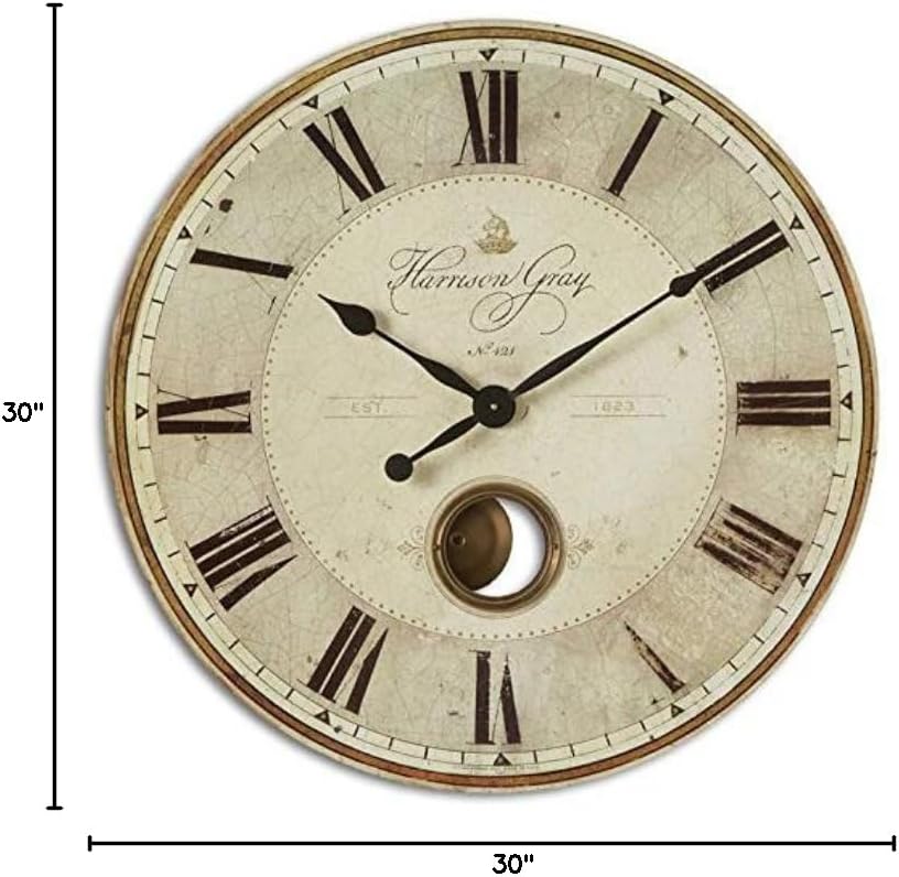 BOWERY HILL Contemporary Round Wall Clock, 30" Diameter, MDF/Brass/Aluminum, Black and Ivory Finish, Weathered Face with Brass Pendulum, Quartz Movement, Accurate Timekeeping, Home or Office Decor