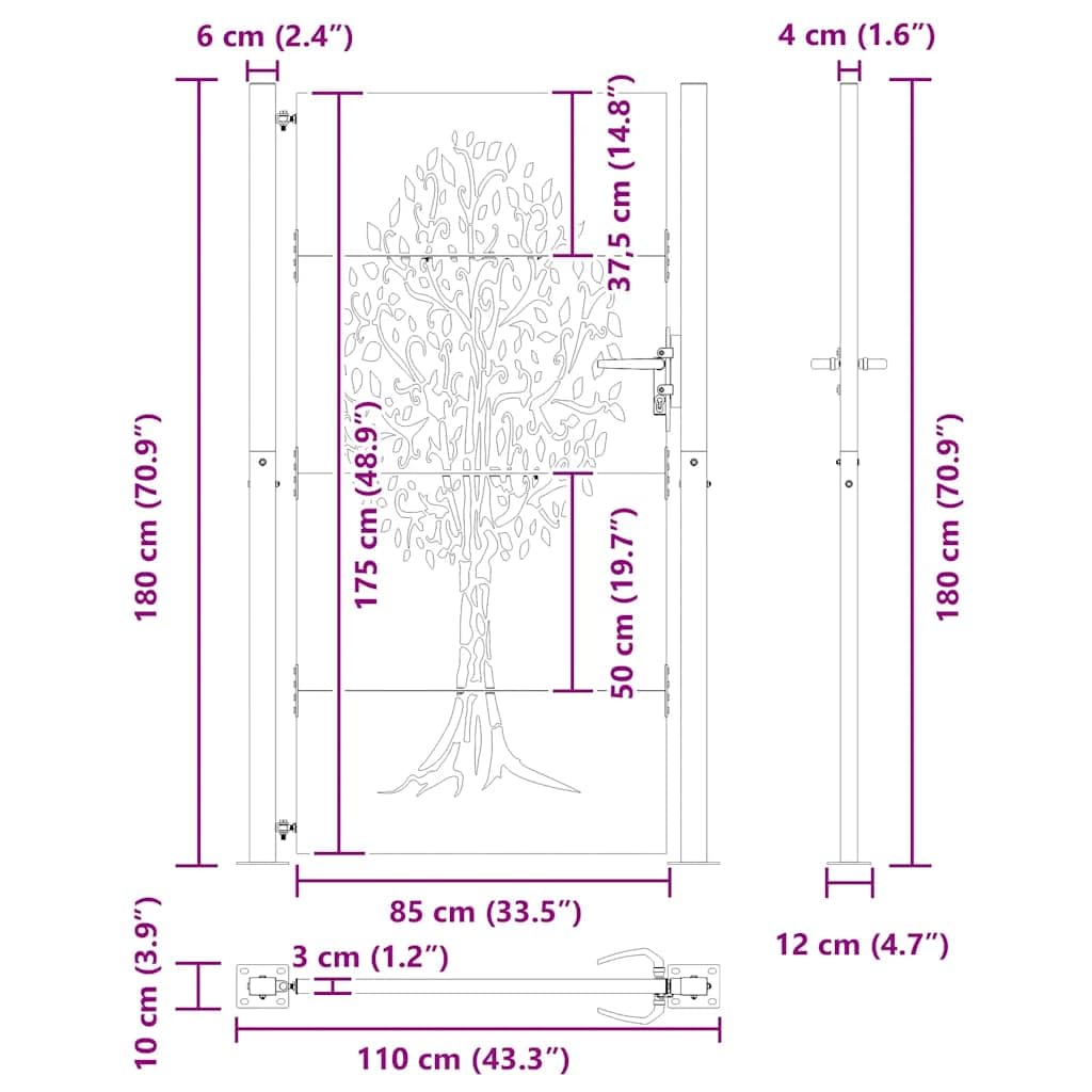vidaXL Cancello da Giardino 100x175 cm in Acciaio Corten Design Albero, cancello in metallo, cancello da giardino anteriore, cancello da giardino con serratura