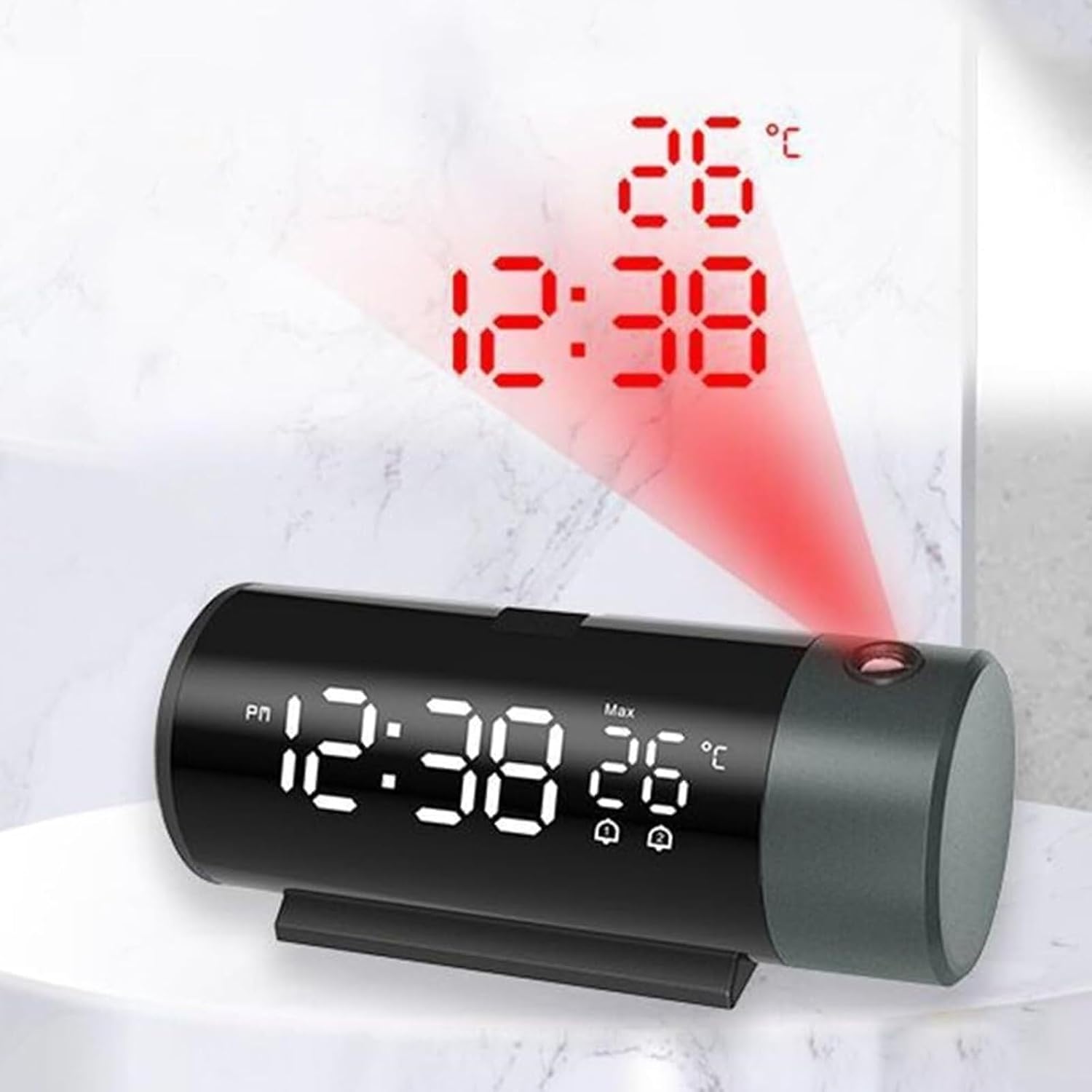 Digital Projection Alarm Clock, Projection Time Projector, 180° Rotating Projector, USB Charger, 4 Adjustable, Time Display Temperature, Ceiling Wall, for Bedroom, Office