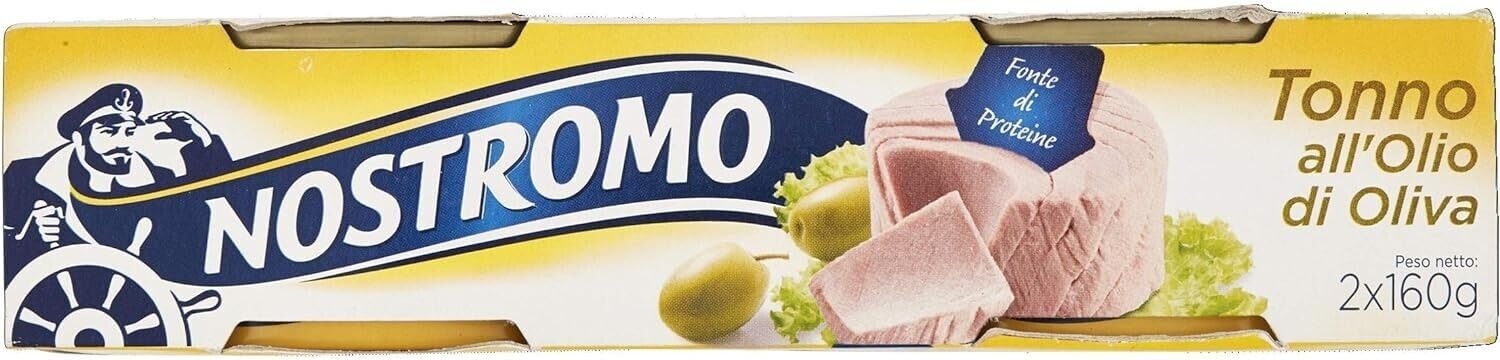 12x Nostromo Tonno all'Olio di Oliva,Pesce in Scatola,Ogni Confezione contiene 2 Lattine da 160g + 1 Confezione di Talco Felce Azzurra in omaggio, Busta da 100g