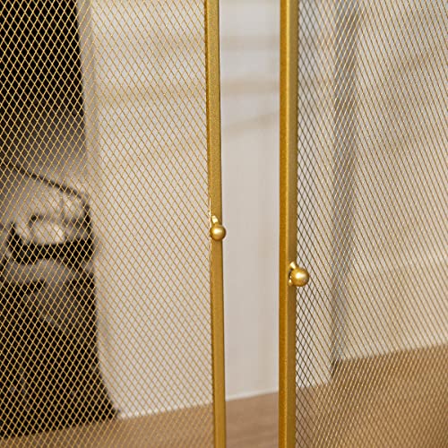 Image of Barton 48 inch Fireplace Screen 3-Panel Folding Magnetic Doors with 4-Pieces Fire Place Tools Set Steel Fire Spark Guard, Gold
