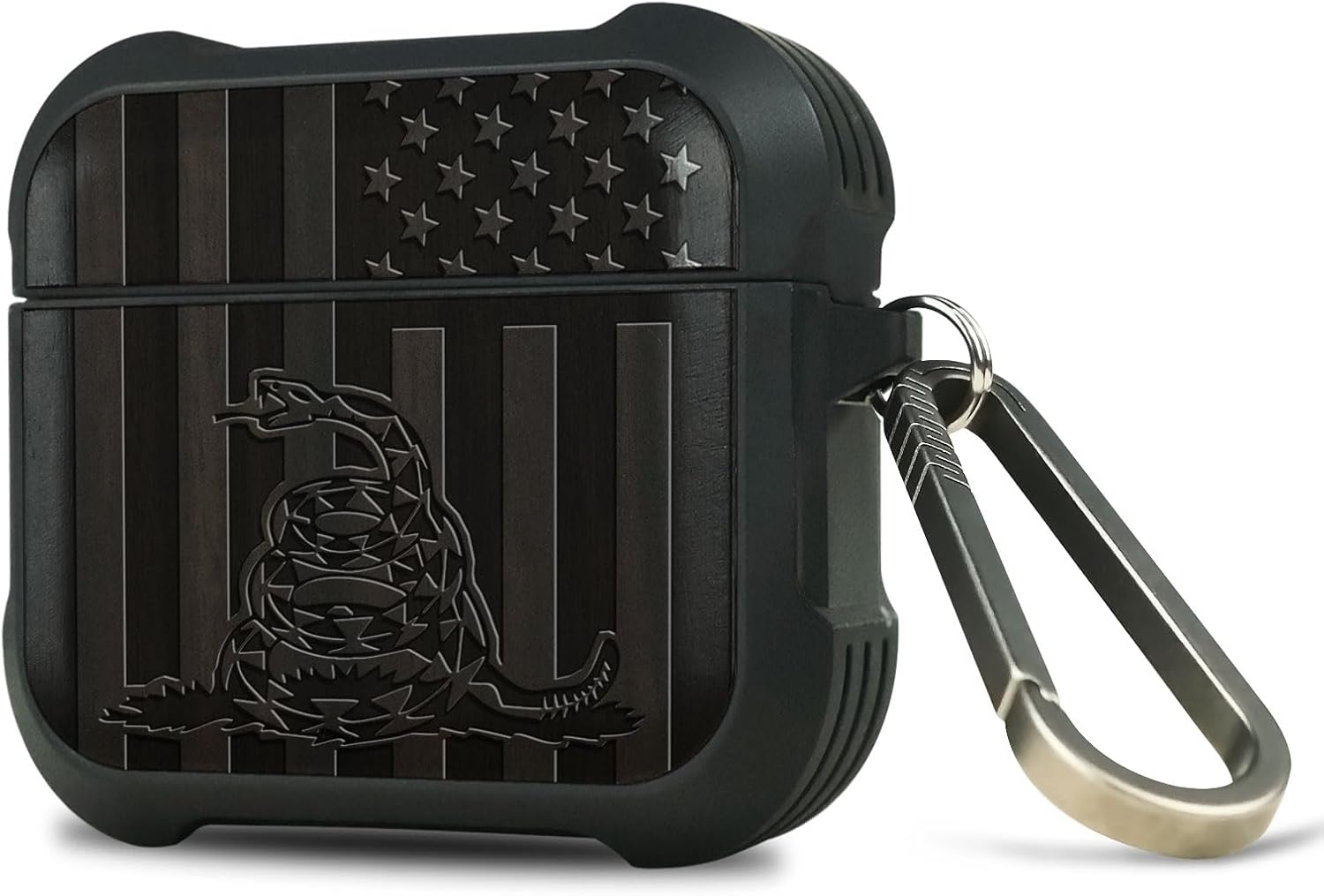 Carveit Wooden Case for AirPods 4 Case (2024) (USB-C) 4th Generation, Wood Artisan Engraved & TPU Shockproof Cover, Titanium Quick Released Clasp (Gadsden and American Flag) Blackwood